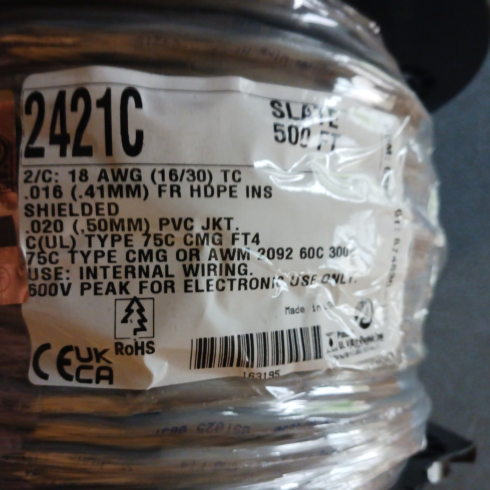 Alpha Wire 2421C 18/2C Shielded Twist Pair Control/Computer Cable Gray /500ft