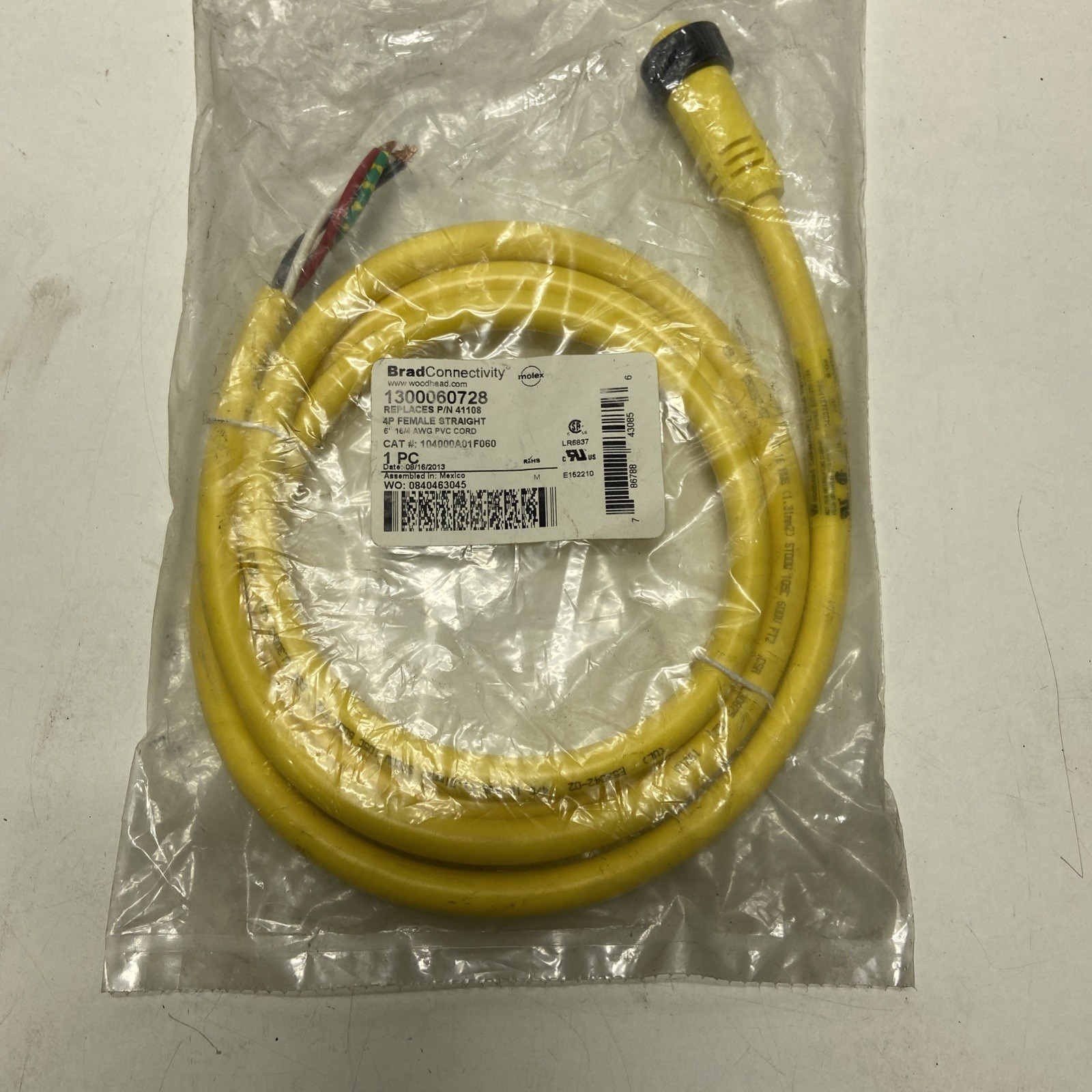 New Brad Connectivity 1300060728 Cordset 4P Female Straight 6FT 16/4 AWG 41108