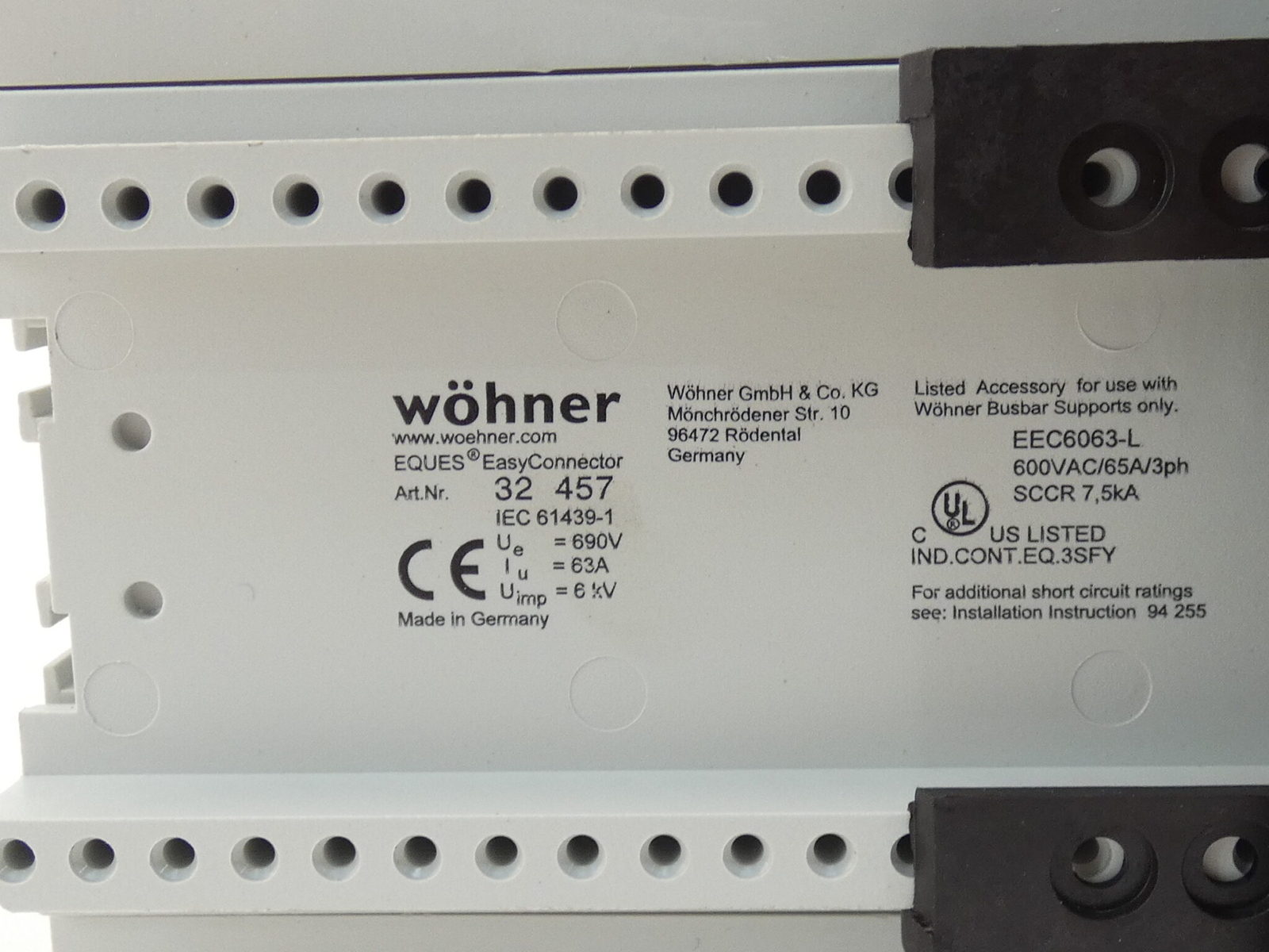 Wohner 32457 Busbar Adapter, 63A – NEW Surplus!