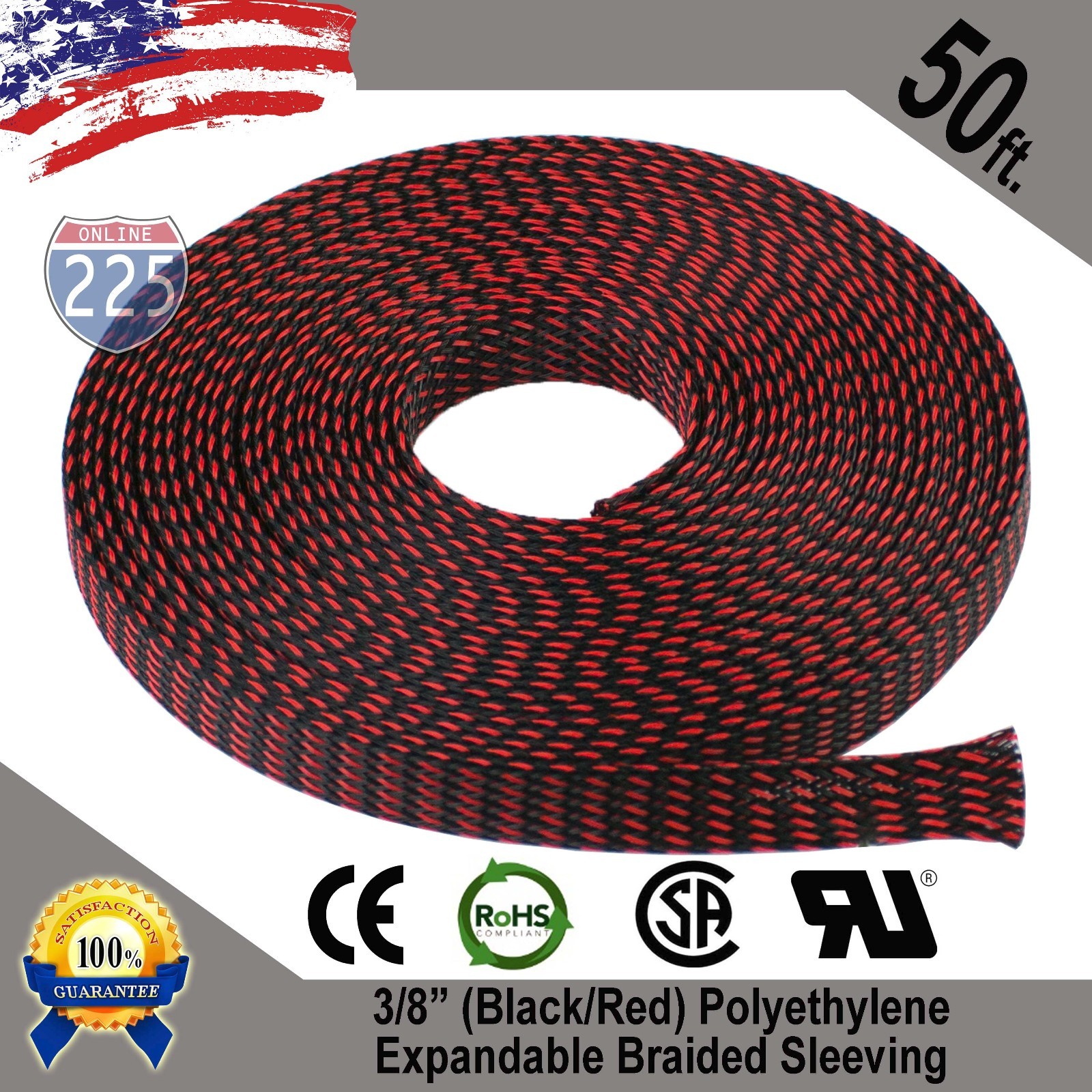 50 FT 3/8″ Black Red Expandable Wire Sleeving Sheathing Braided Loom Tubing US