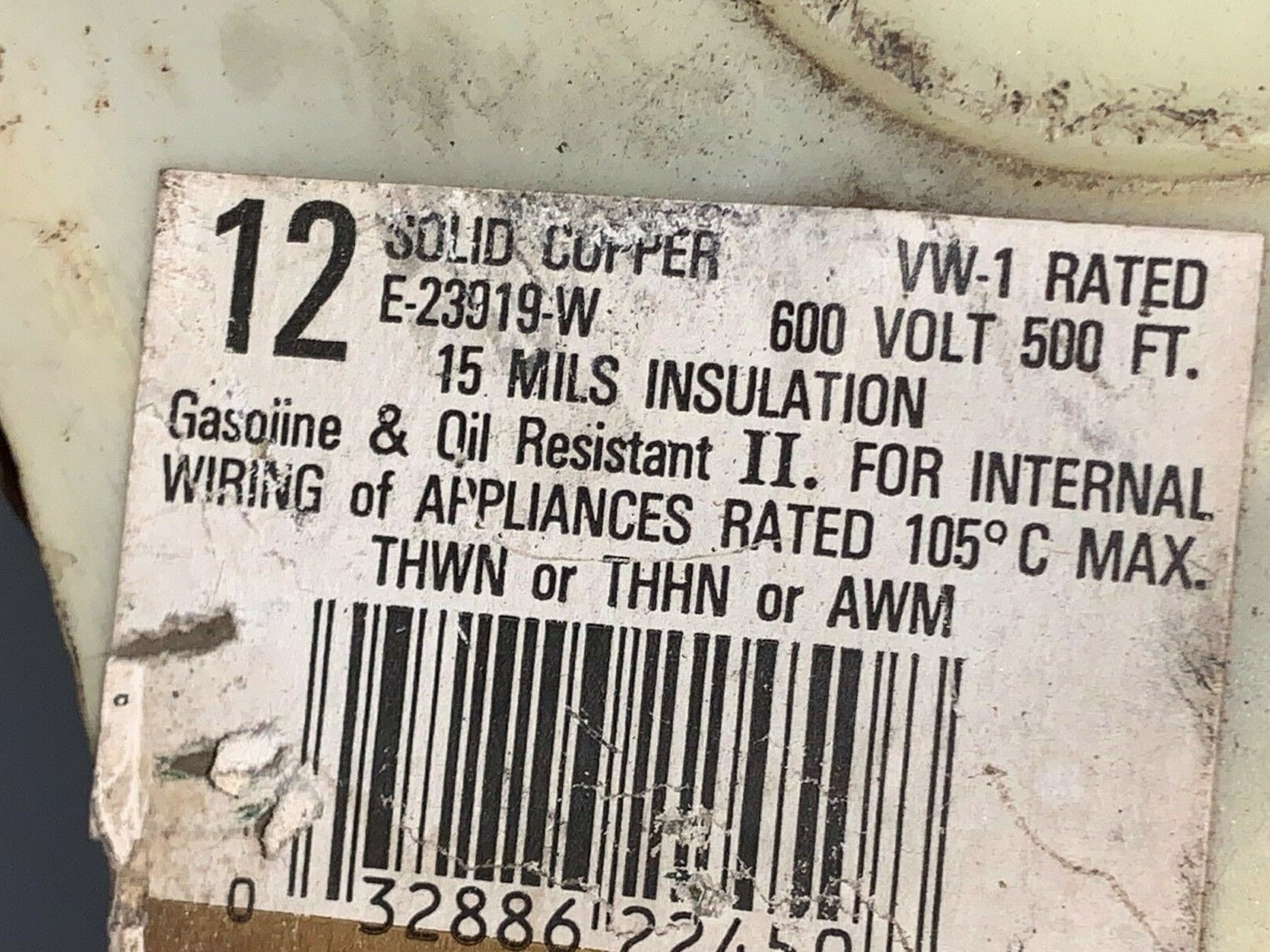 UNBRANDED WIRE, E23919, 12 AWG, SOLID COPPER, BLACK, THHN/THWN-2, 600V, 450′