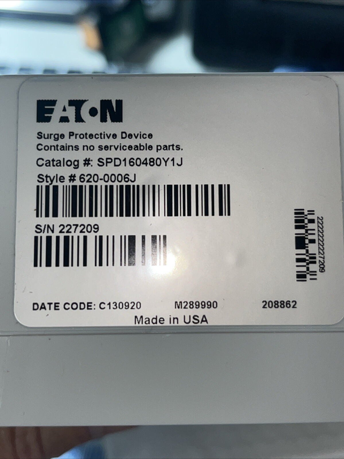 EATON SPD160480Y1J SPD SERIES SURGE PROTECTIVE DEVICE SCCR:200kA, 277/480V 60Hz