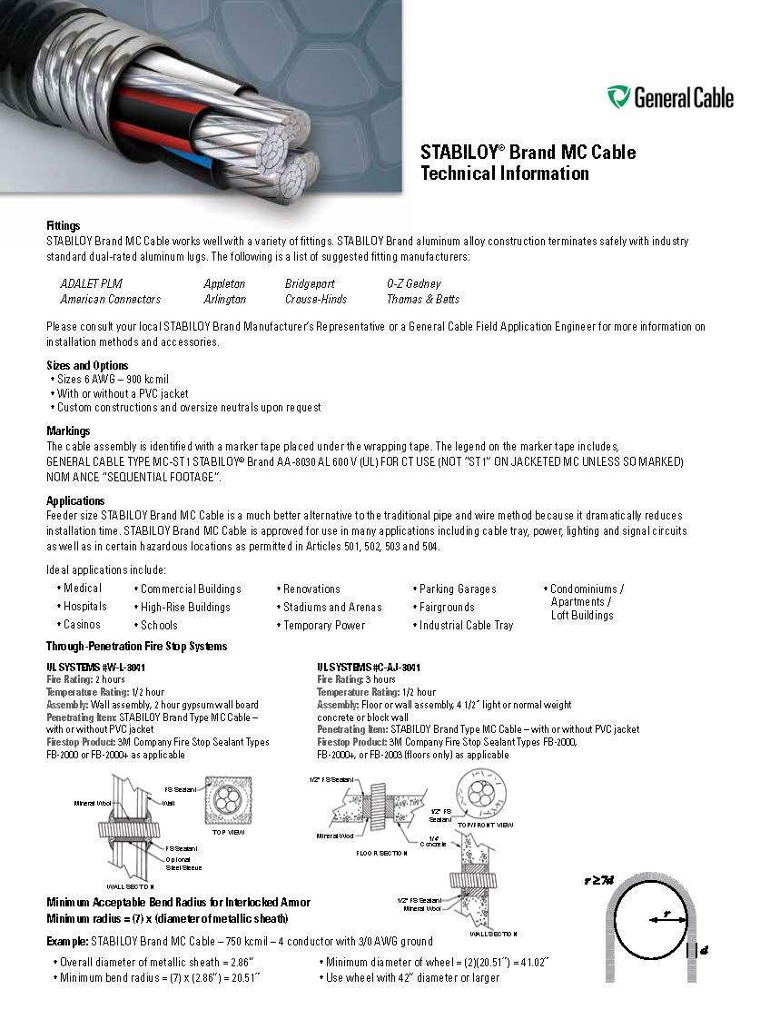 General Cable 1-1-1-1-4 Stabiloy MC Metal Clad AL XLPE Building Wire /5ft