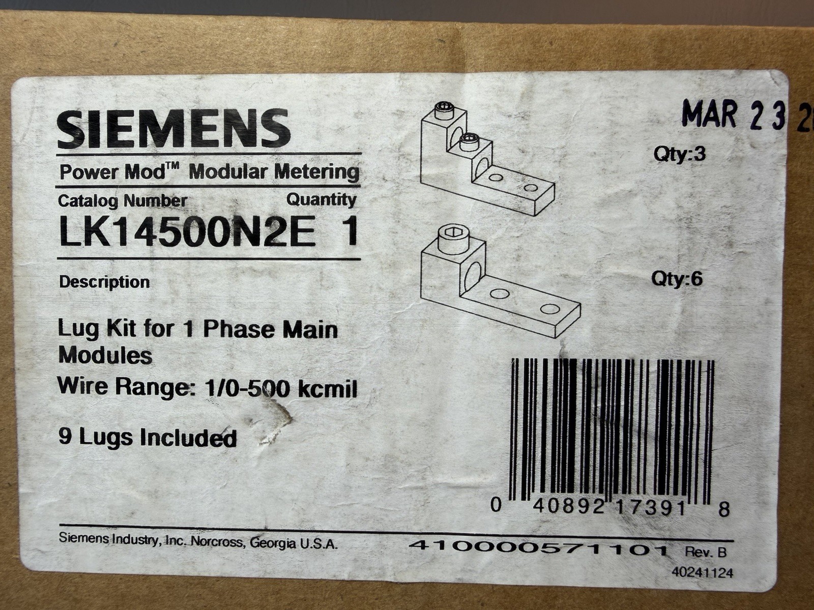 SIEMENS LK14500N2E Lug Kit 1 Phase Main Modules (NEW IN BOX)