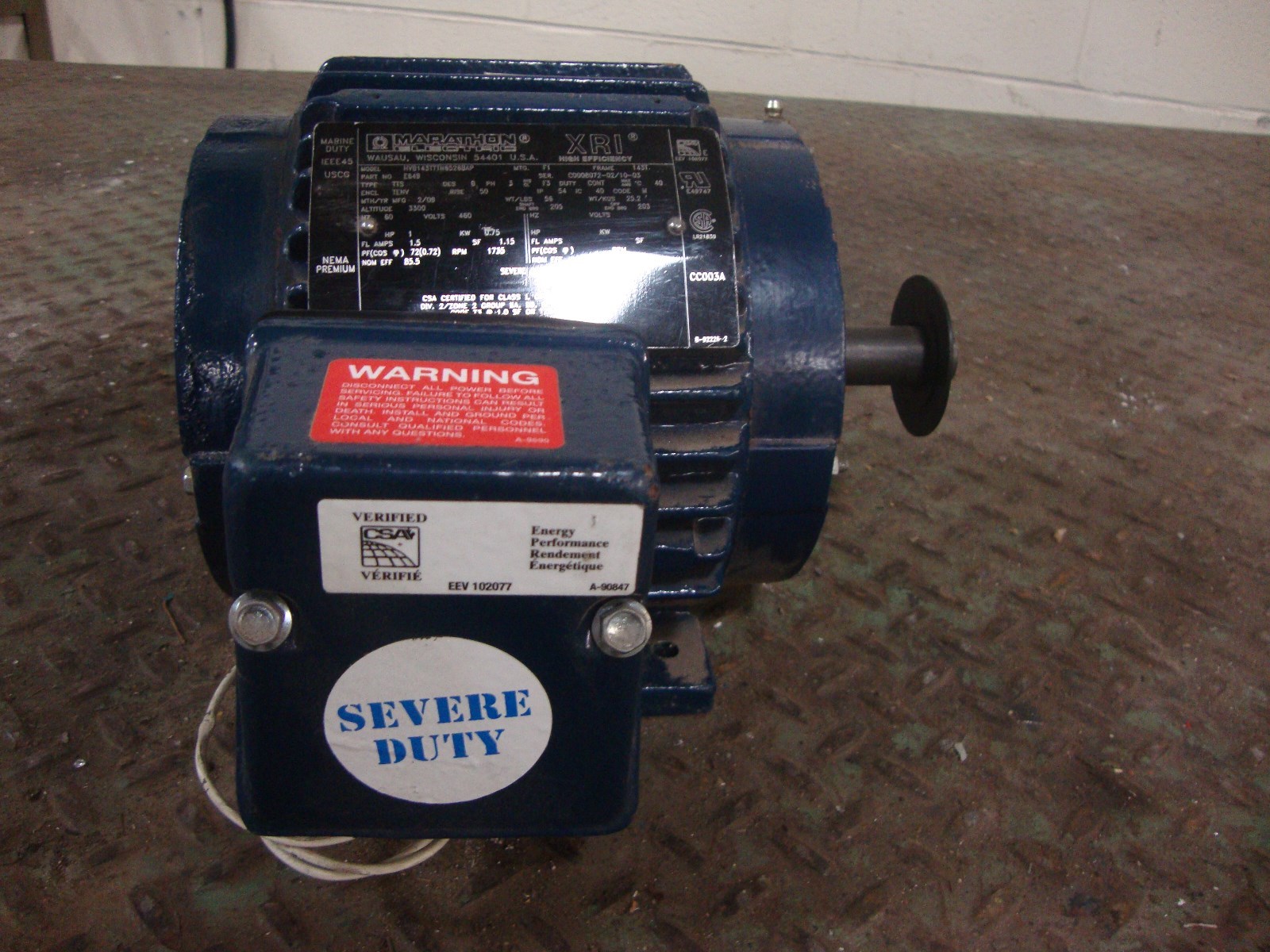 Marathon Electric XRI High Effciency Motor 460v 1 Hp 1735 RPM B4~ 18687LR