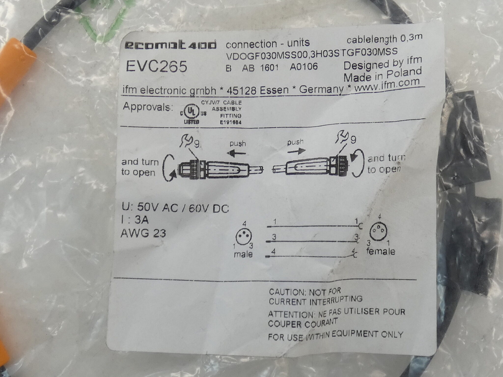 *Lot of 2* IFM Electronic Connector Cable 0.3M 50VAC/60VDC 3A AWG 23 – NEW Su…