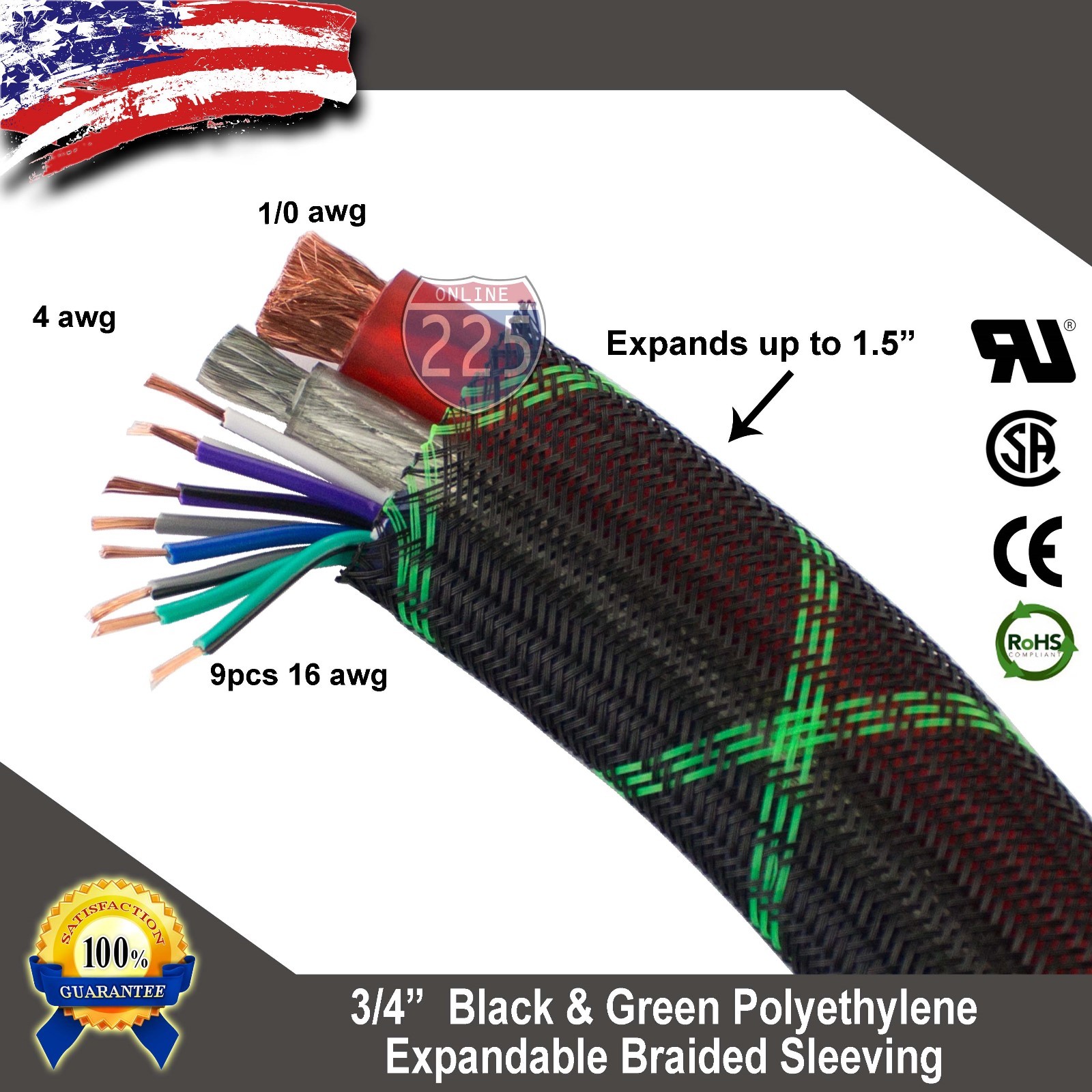 100 FT 3/4″ Black Green Expandable Wire Sleeving Sheathing Braided Loom Tubing