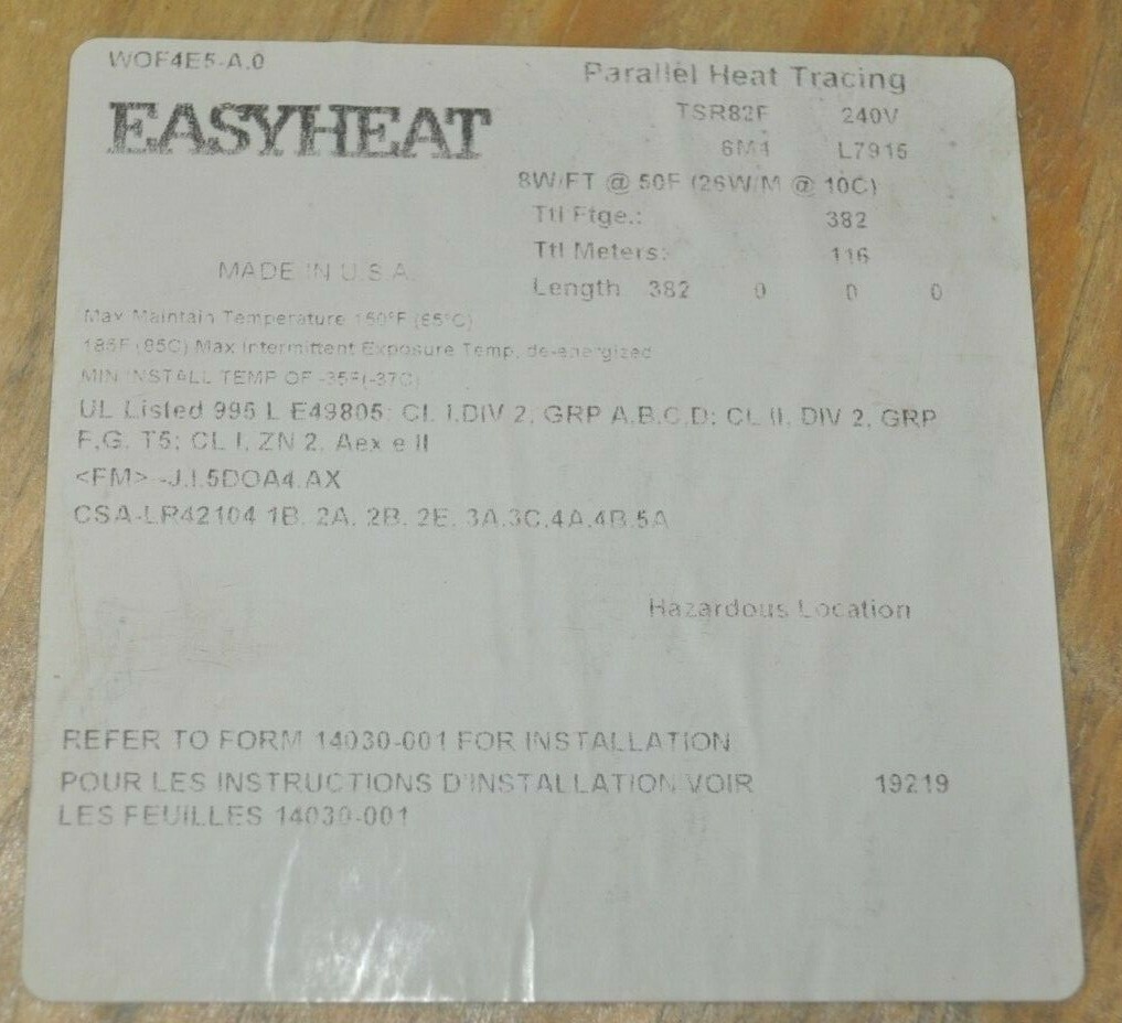 Emerson Easy Heat Wire Cable TSR 82F Parallel HTR 240V 8W/FT 382 FT Roll