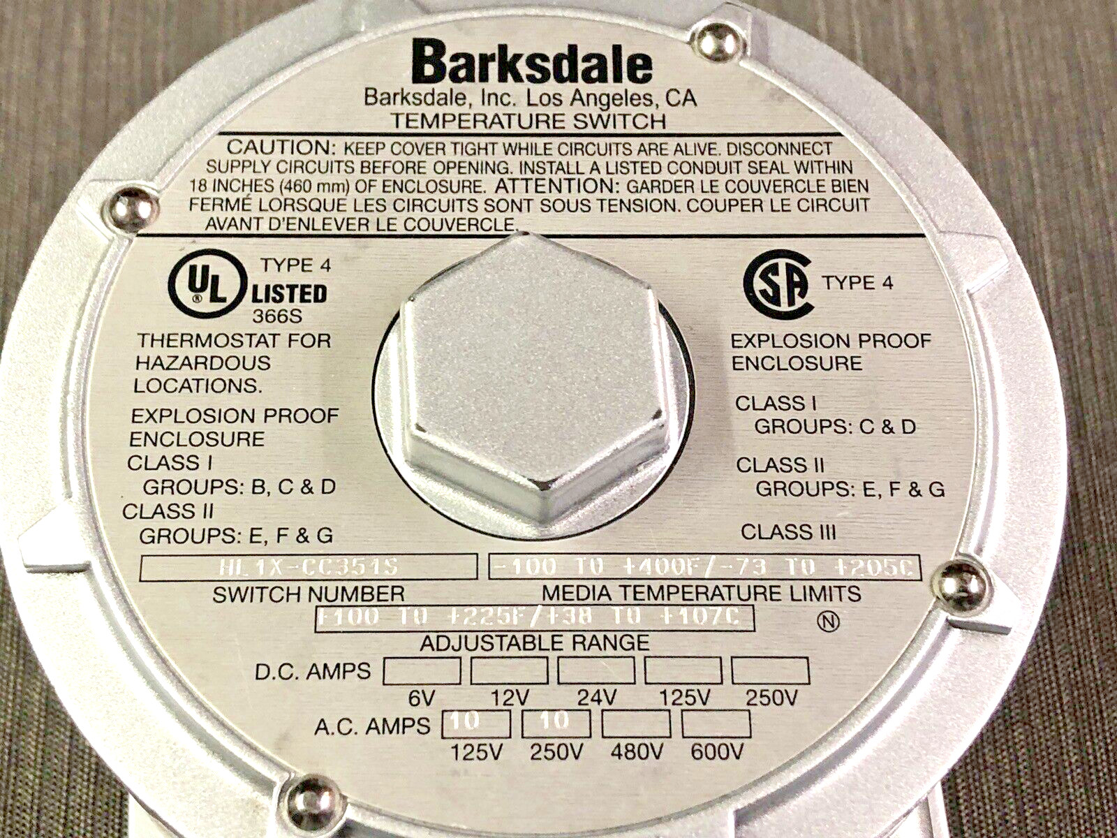 Barksdale HL1X-CC351S Temperature Switch Explosion Proof 150-350F 10A 125/250VAC