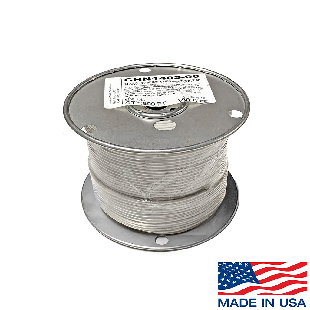 14 AWG Copper Stranded Wire 500′ FT Roll THHN/THWN 600 Volt USA Made UL – White