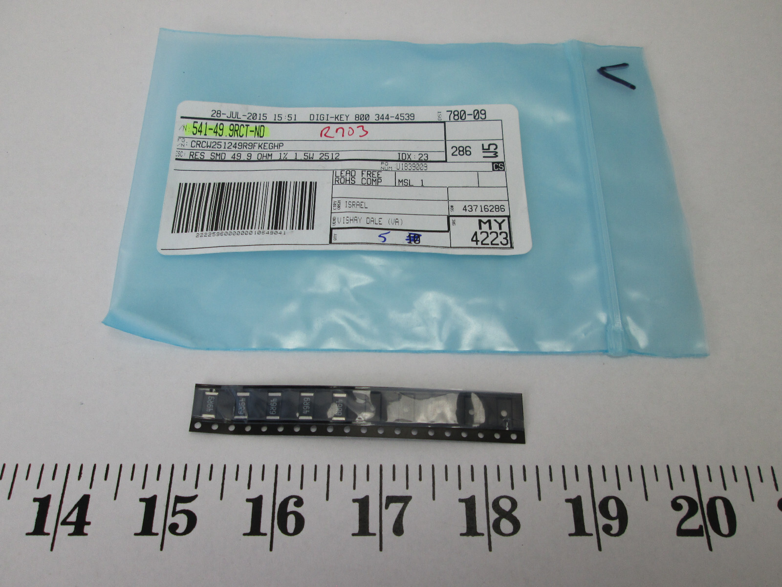 Lot of 5 Digi-Key Vishay Dale 49.9 Ohms ±1% 1.5W Chip Resistor 2512 (6432 Metric