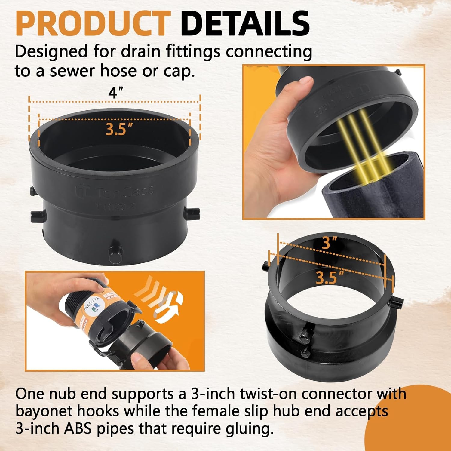 3″ RV Sewer Hose Bayonet to 3″ PVC Adapter with Thread Seal Tape, Black