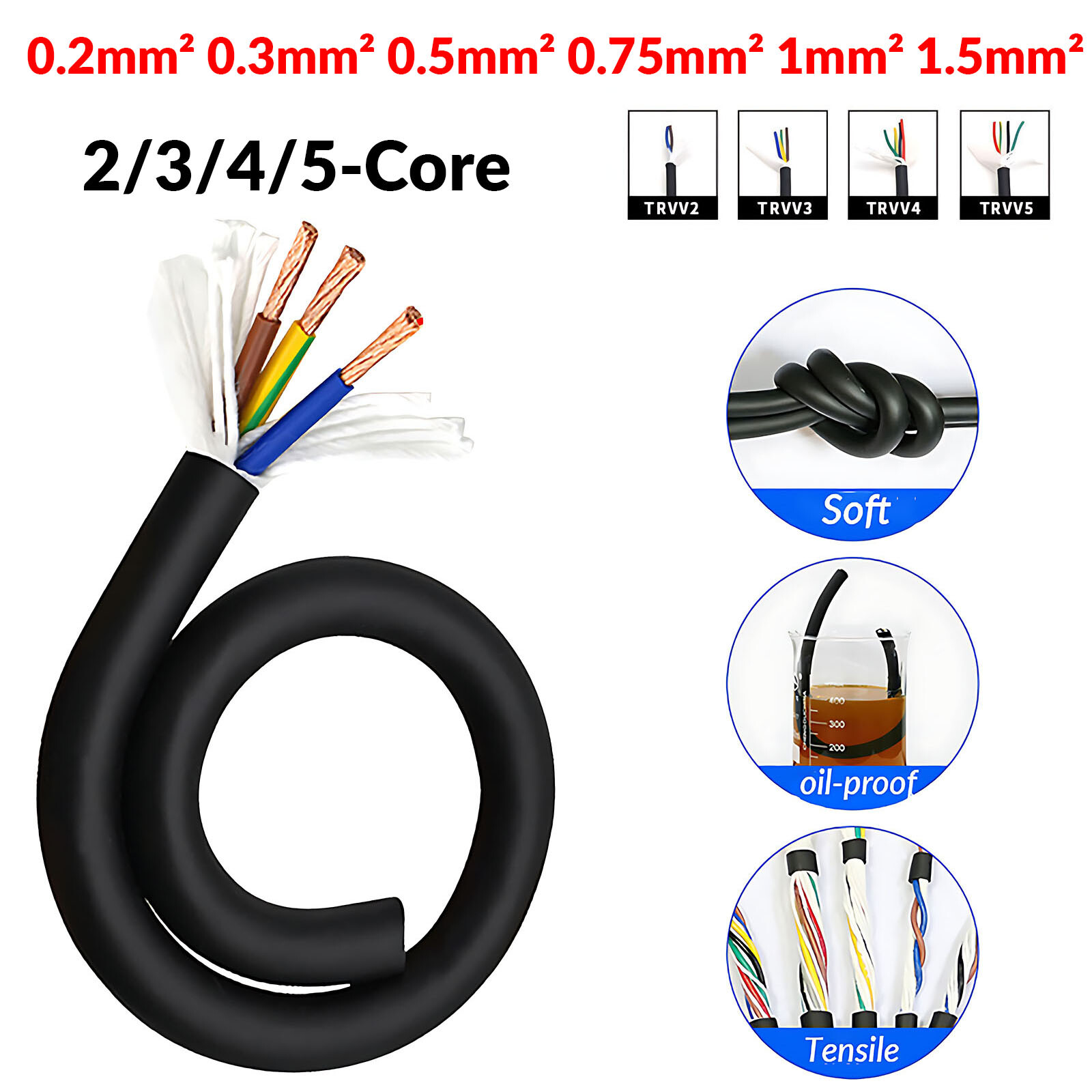2/3/4/5-Core Electrical Mains Flexible Cable TRVV Multicore Wire 0.2mm² ~ 1.5mm²
