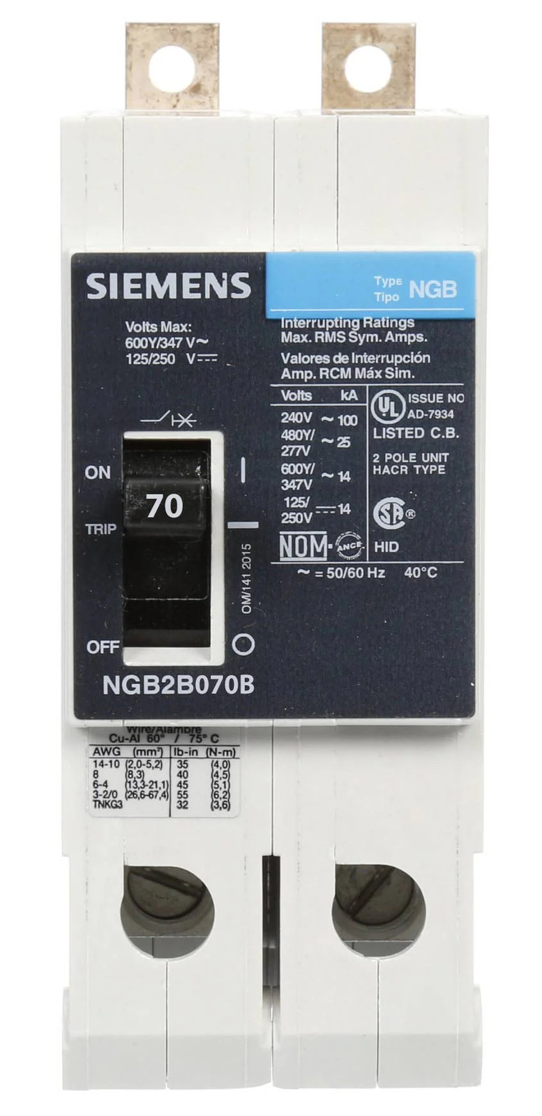 NIB – Siemens – NGB2B070B – Low Voltage Panelboard Mount G Frame Circuit Breaker