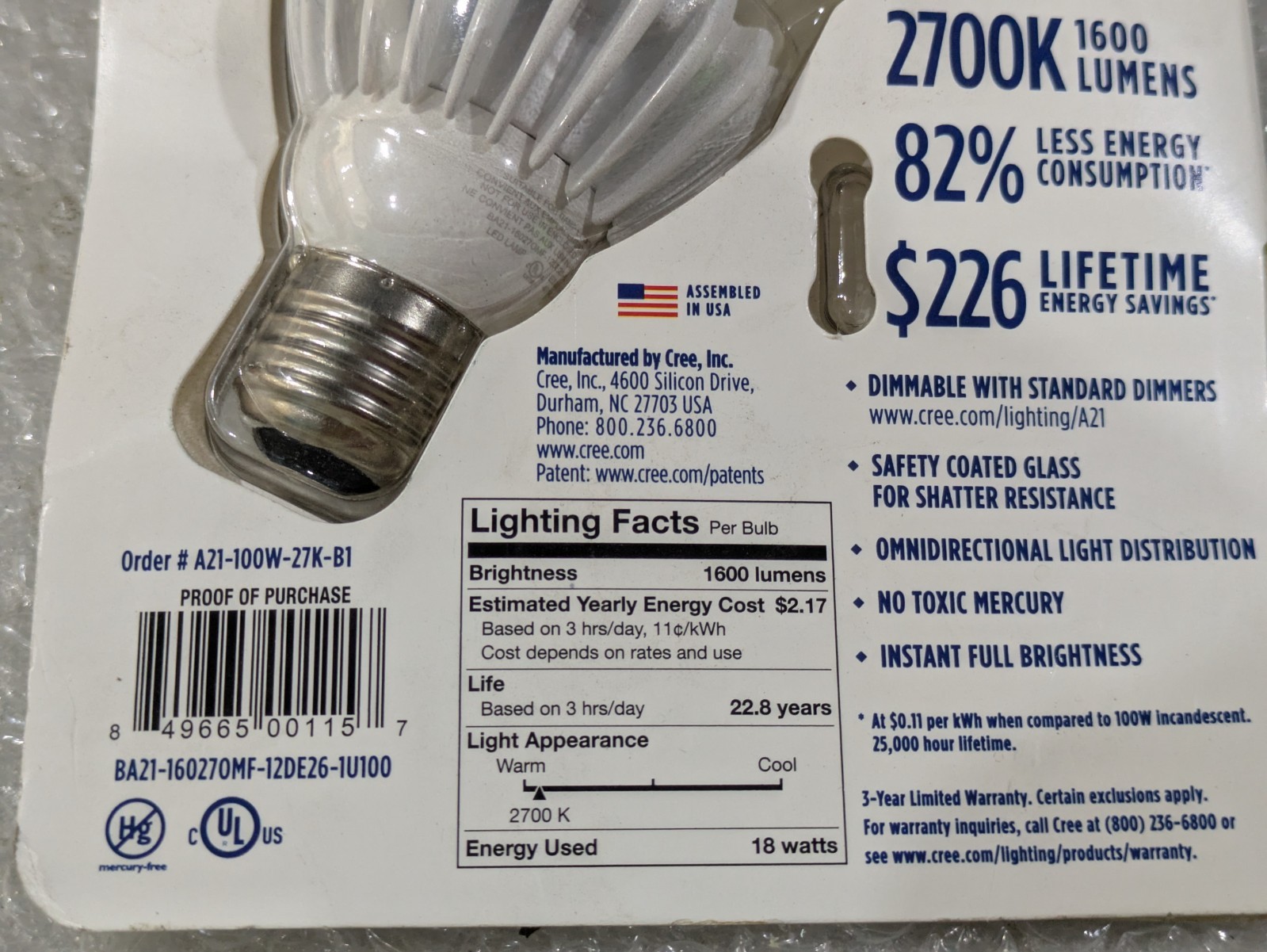 Cree A21-100W-27K-B1 LED Light Bulb 2700K 100W Replacement 18W 1600lm Dimmable