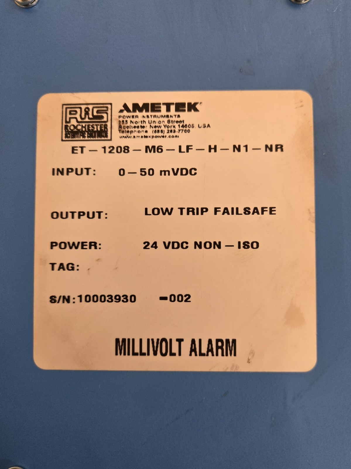 AMETEK ET-1208-M6-LF-H-N1-NR MILLIVOLT ALARM.