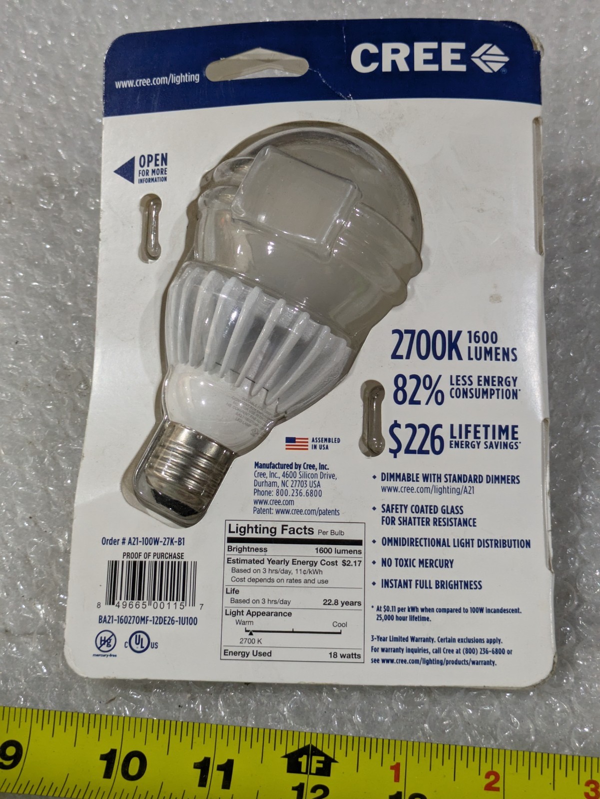 Cree A21-100W-27K-B1 LED Light Bulb 2700K 100W Replacement 18W 1600lm Dimmable