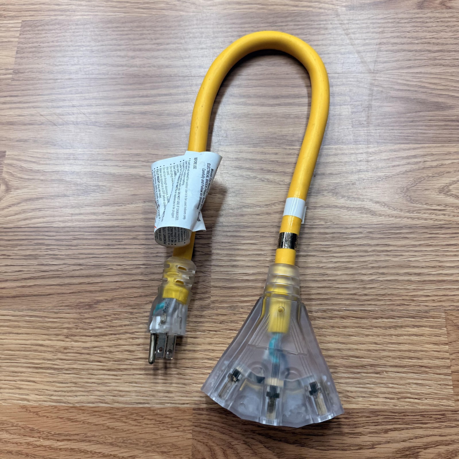 Yellow 3 Outlet Extension Wire Power Splitter Cord 15A 125V 1875W Clear Ends