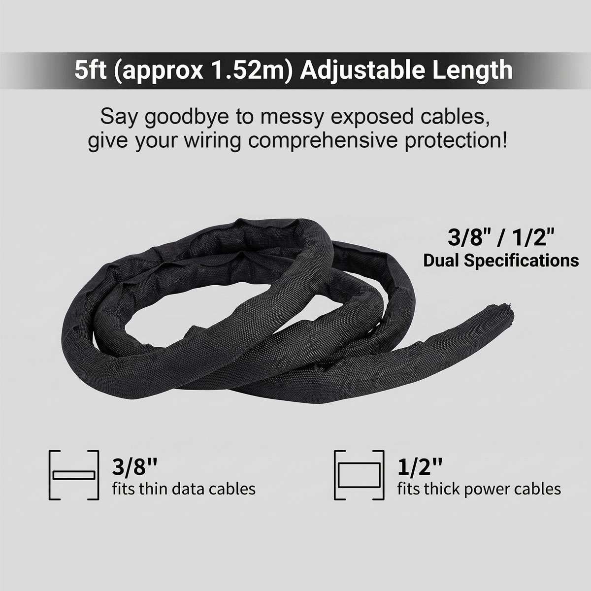 Split Braided Cable Sleeve Nylon Self Wrap Wire Loom Cord Management Protector