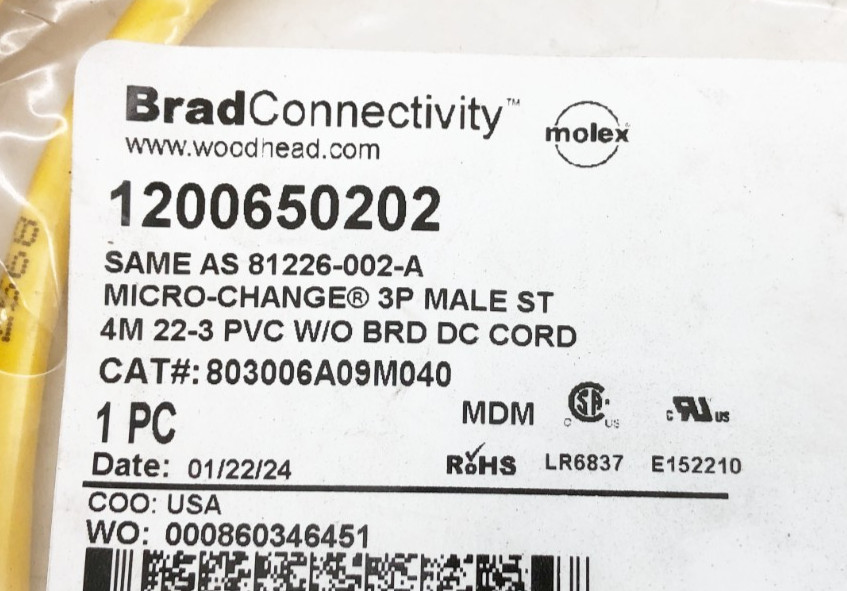 New Brad Connectivity 1200650202 Cable 3P Male ST 4m 803006A09M040