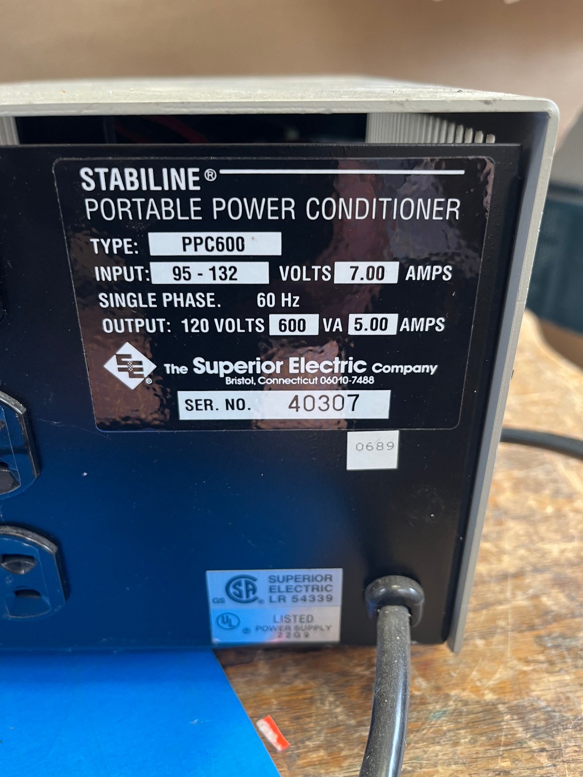 5aaa STABILINE PORTABLE POWER CONDITIONER TYPE PPC600 INPUT 95-132 V 7.00 A