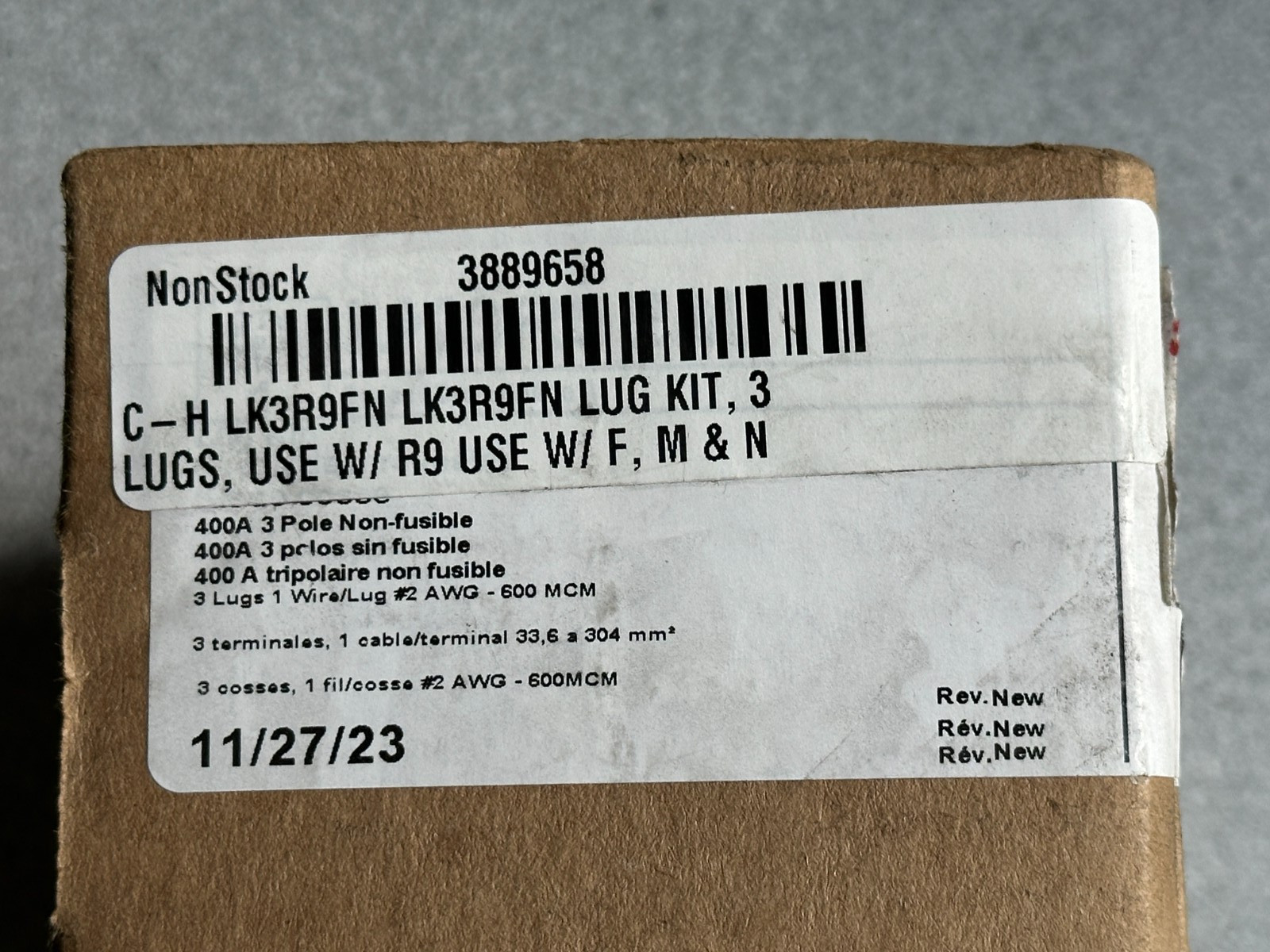NEW EATON CUTLER HAMMER LK3R9FN 400 & 600 AMP Fusible Disconnect Lug Kit