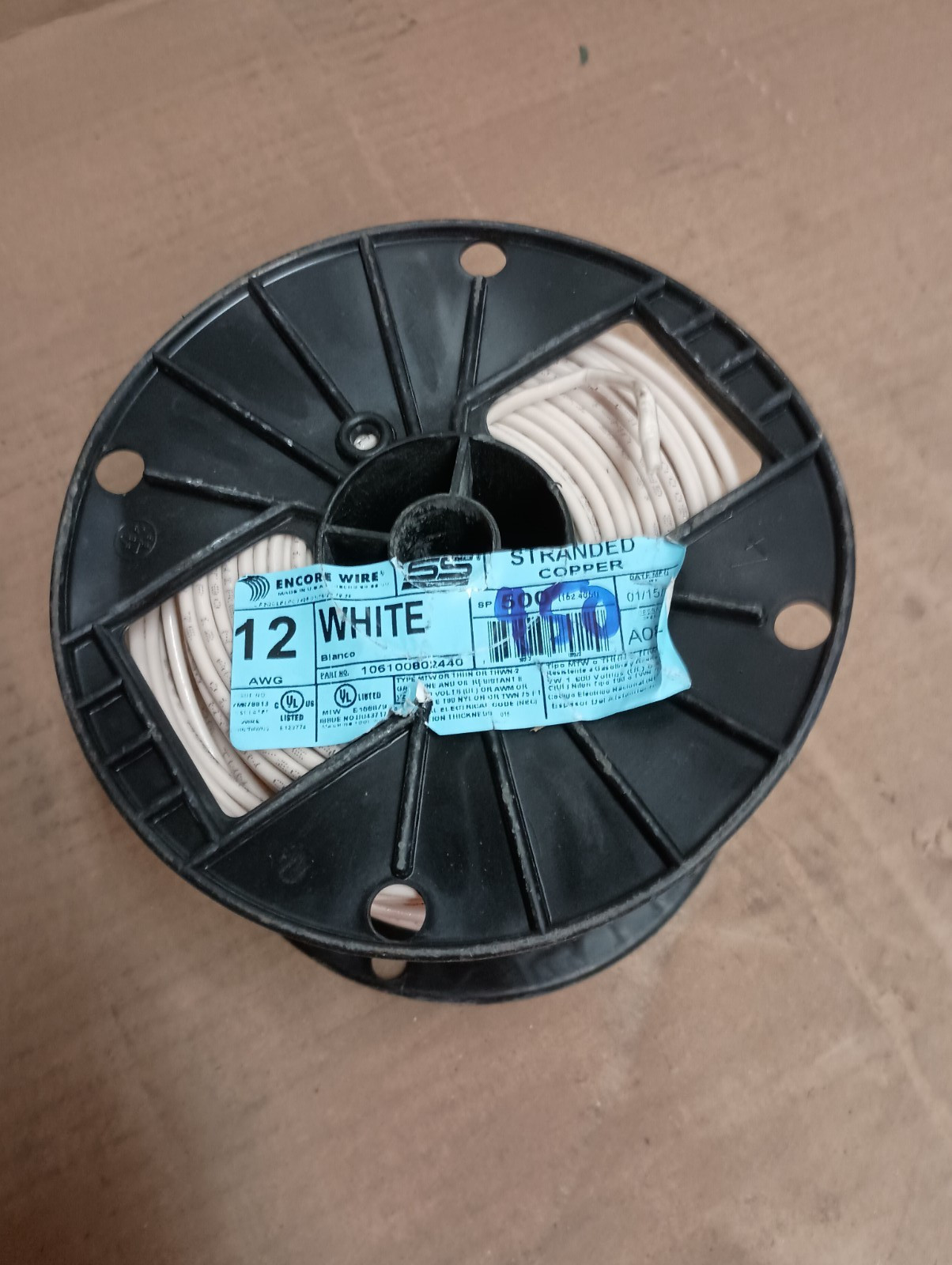 12 AWG Copper Stranded Wire 450′ FT Roll THHN/THWN 600 Volt UL Listed – White