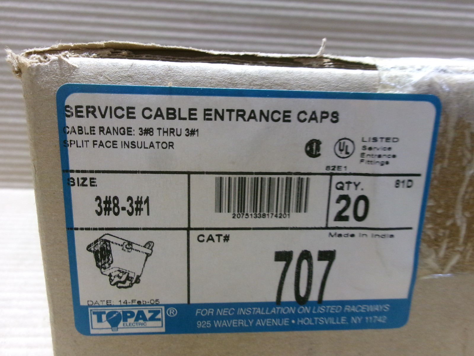 New Box of 20 Topaz 707 Size 3#8-3#1 Service Cable Entrance Caps AK