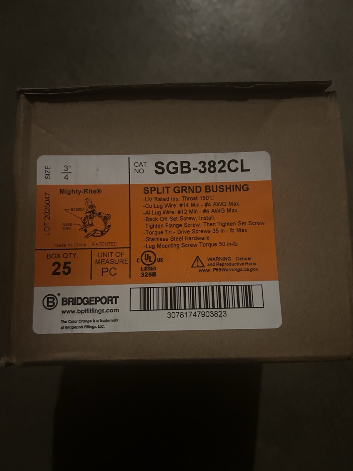 Bridgeport SGB-382CL, 3/4″, 14 to 4, Die-Cast, Split Grounding Bushing (25 Box)