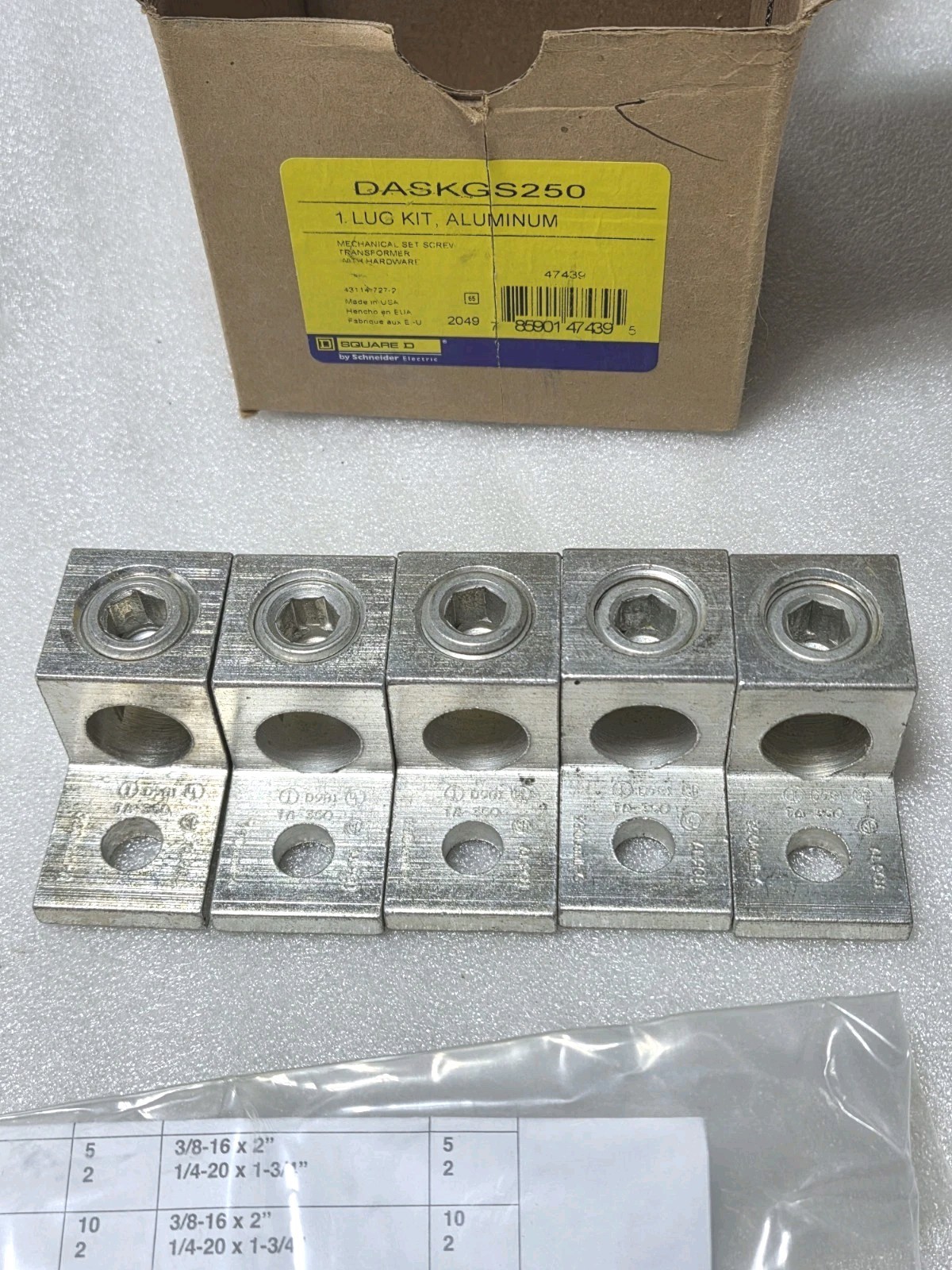 Square D DASKGS250, Mechanical Lug Kit, Aluminum 250A, 350kcmil To 6 AWG