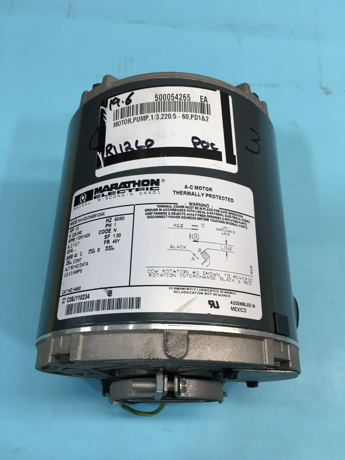 Marathon Electric 5KH32GNB812AX A-C Motor Pump, 1/3, 220/5-60, PD1&2, 132912
