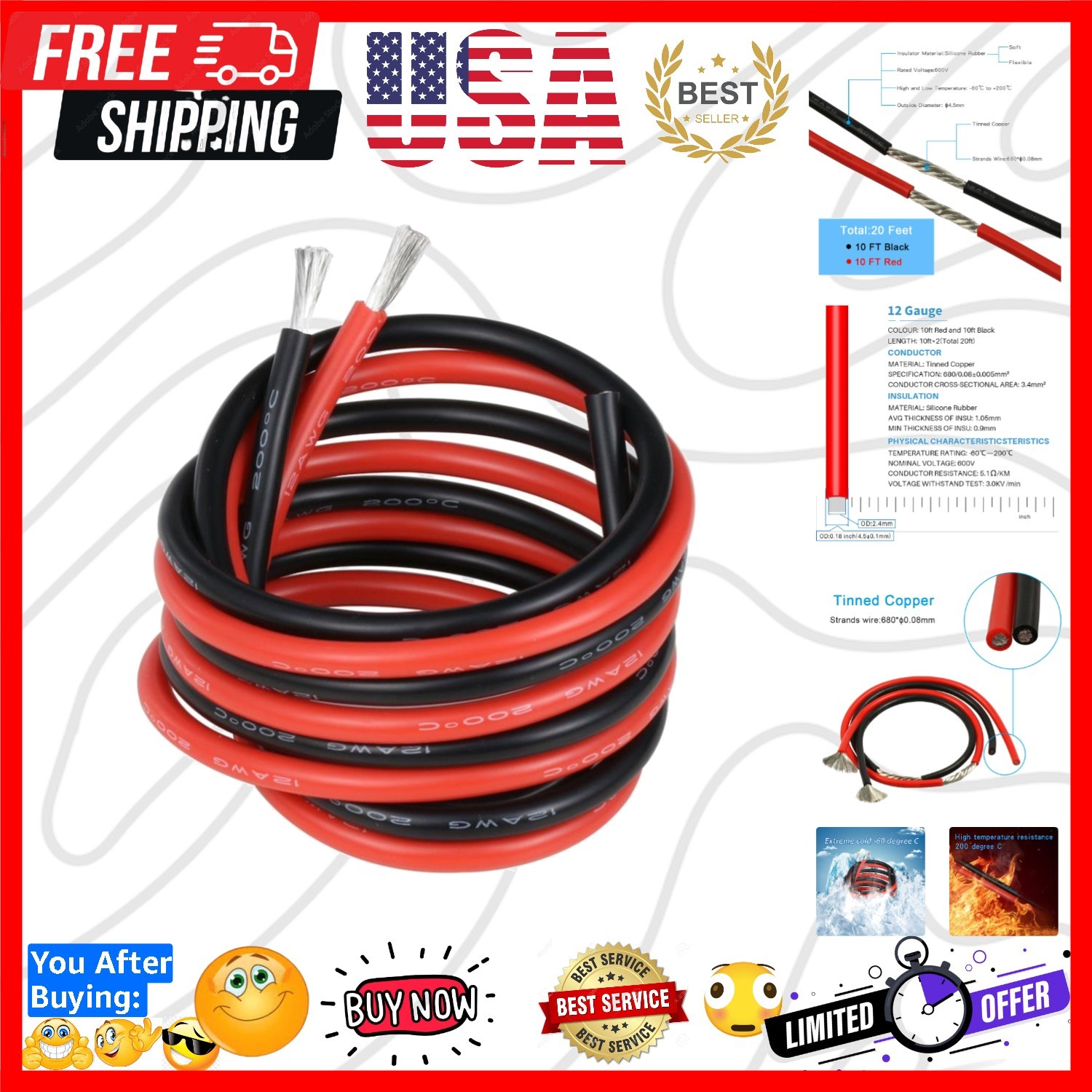 12 Gauge Silicone Wire 10 ft red and 10 ft Black Flexible 12 AWG Stranded Tin…