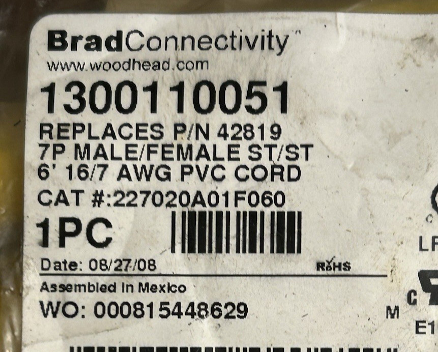 Brad Connectivity 1300110051, 6′ 16/7 AWG PVC Cord, male/female 7P, NEW