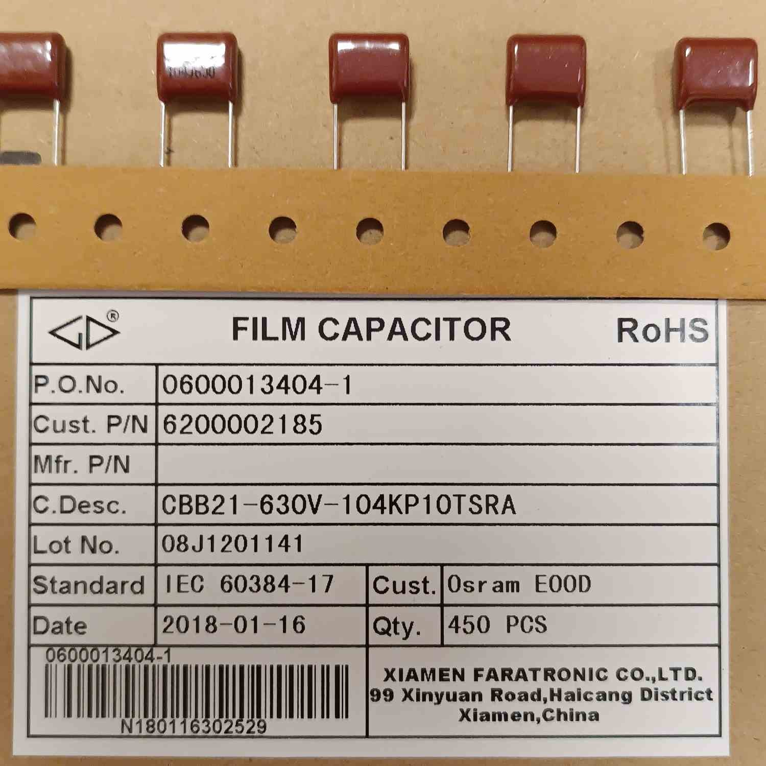 CBB21-630V-104KP10TSRA 100NF 630v 10mm CAPACITOR (7 PCS)