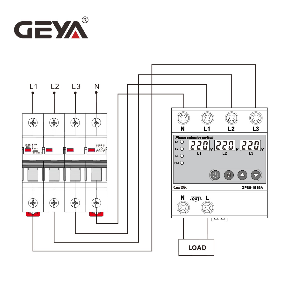 GEYA Phase Selector Switch Over Current Over&Under voltage Protector 63/80A 220V