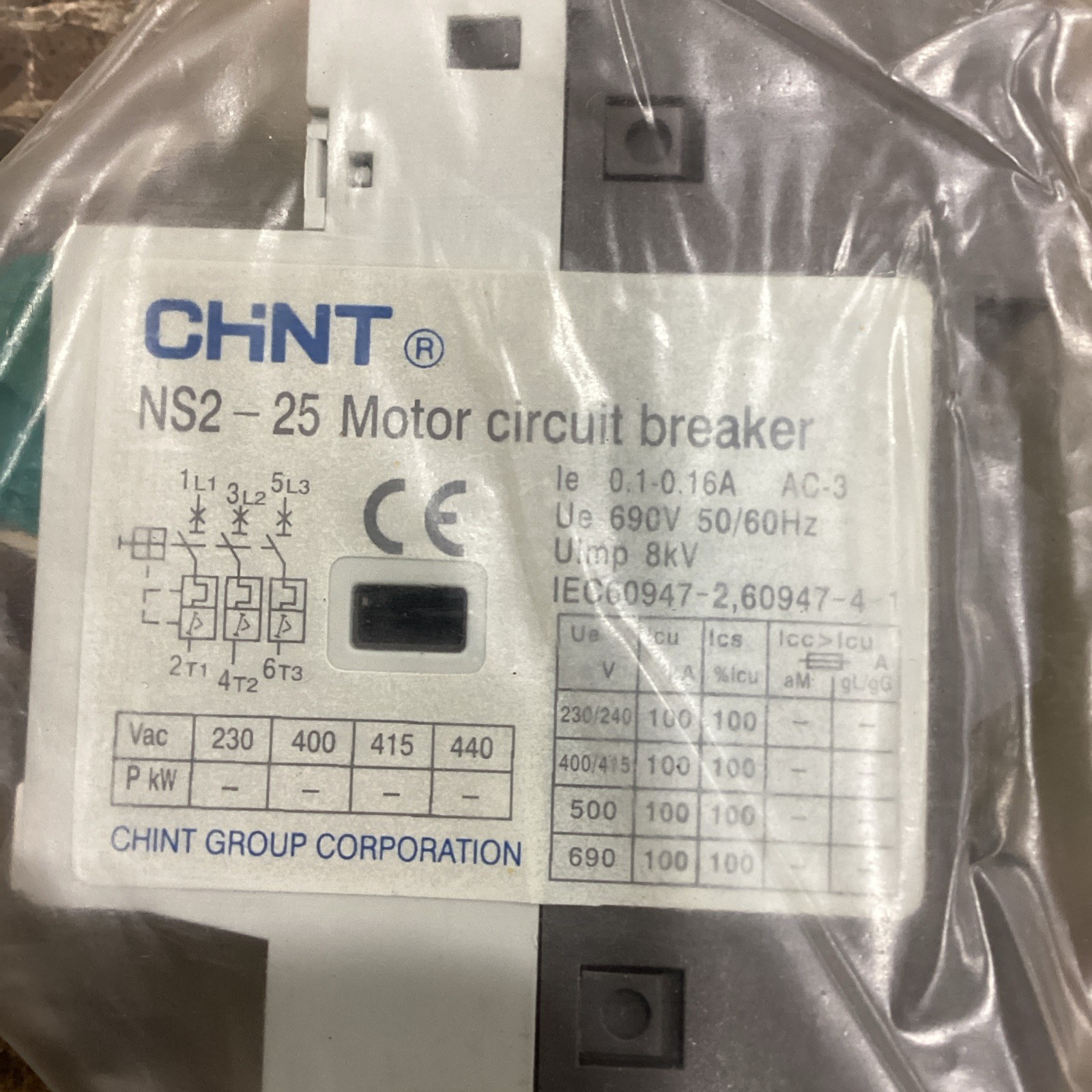 CHINT NS2-25 AC Manual Motor Starter Protector 0.1-0.16A 25A NEW