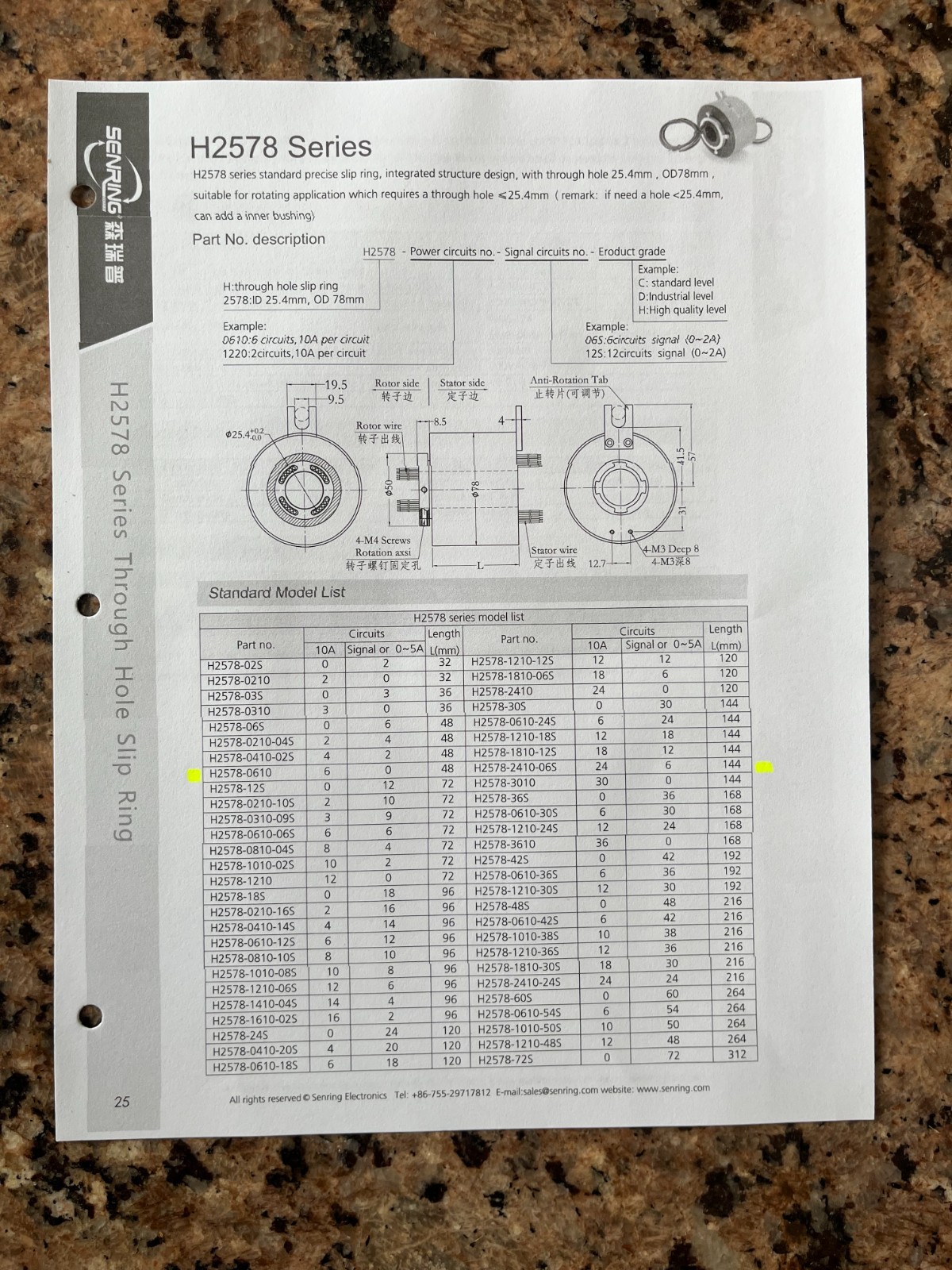 SenRing (Hollow Shaft) Through Hole Slip Ring H2578-0610, Rotating Connector