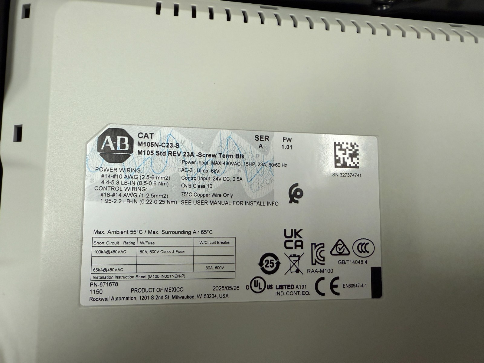 M100 Starter, Reversing, 24VDC, 4.6 – 23 Amps, (Allen Bradley: M105N-C23-S)