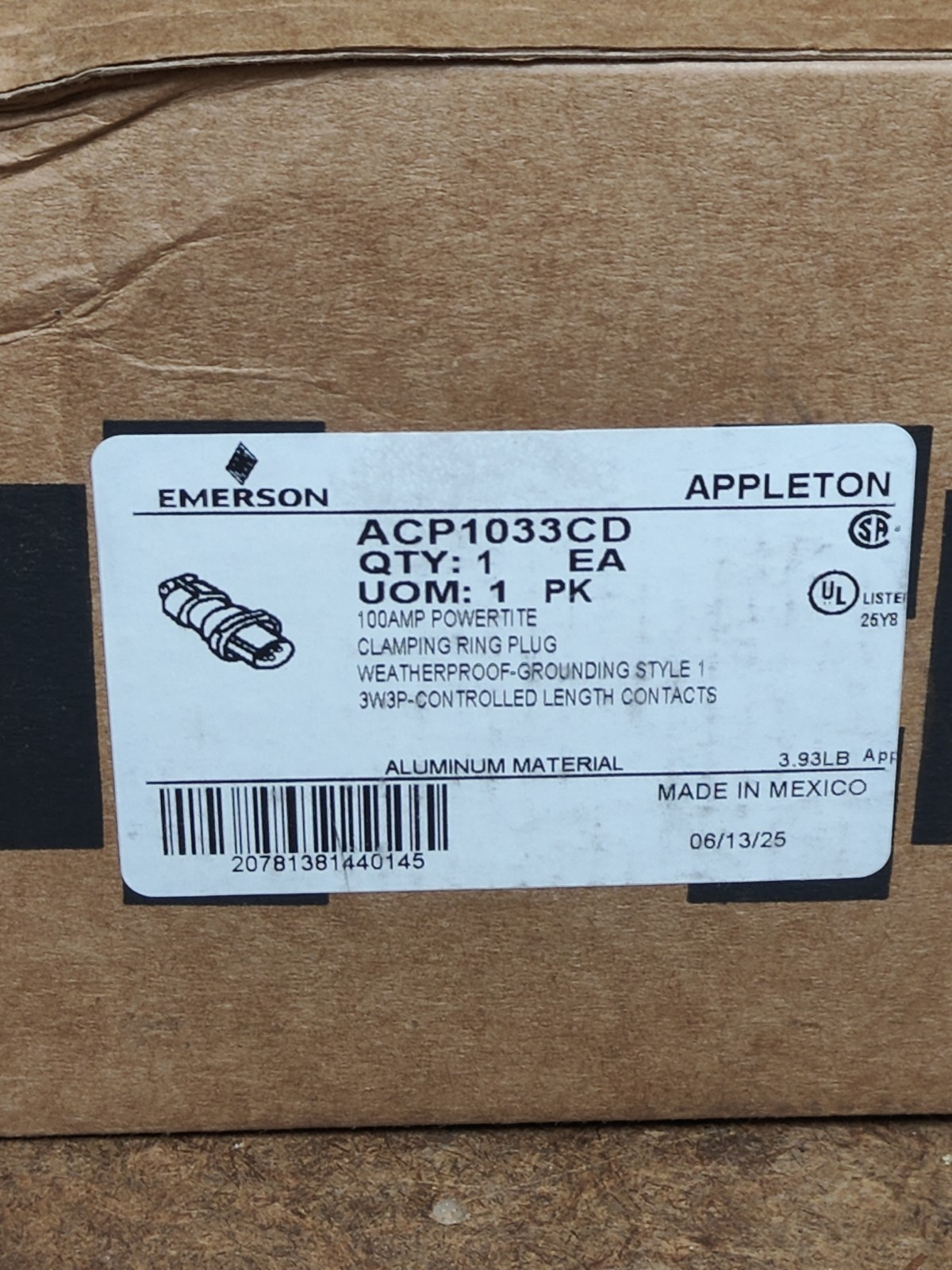 Appleton – ACP1033CD – 100A 3-Pole 600Vac/250Vdc New In Box