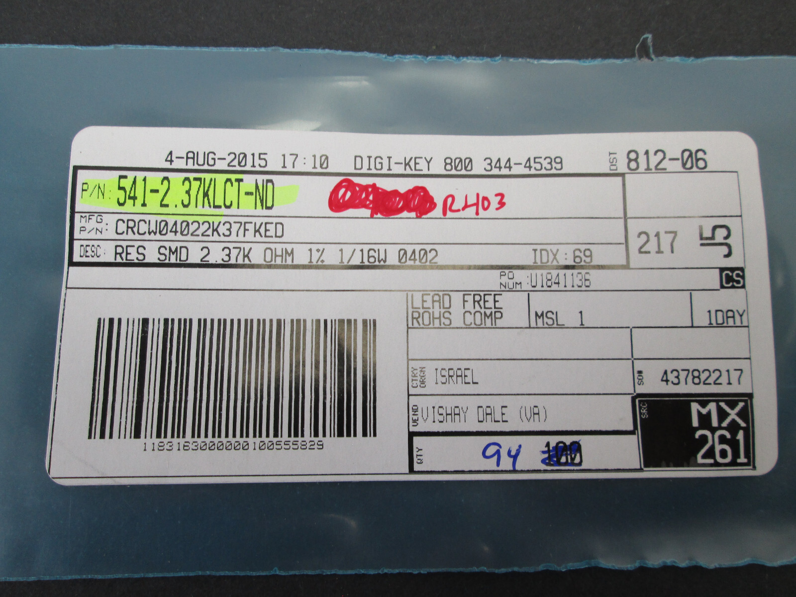 Lot of 94 Digi-Key Vishay Dale 2.37 kOhms ±1% 0.063W, 1/16W Chip Resistor 0402