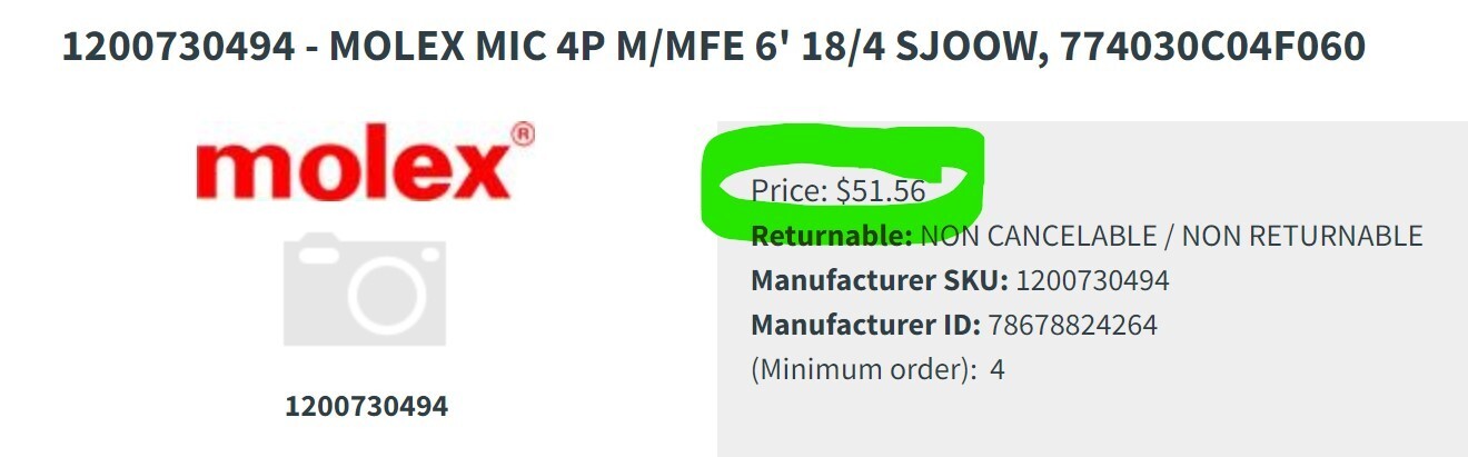 Micro Change 4P Male/Female Cord Set 6’ Foot 18/4 SJOOW MOLEX-WOODHEAD [B9B2]