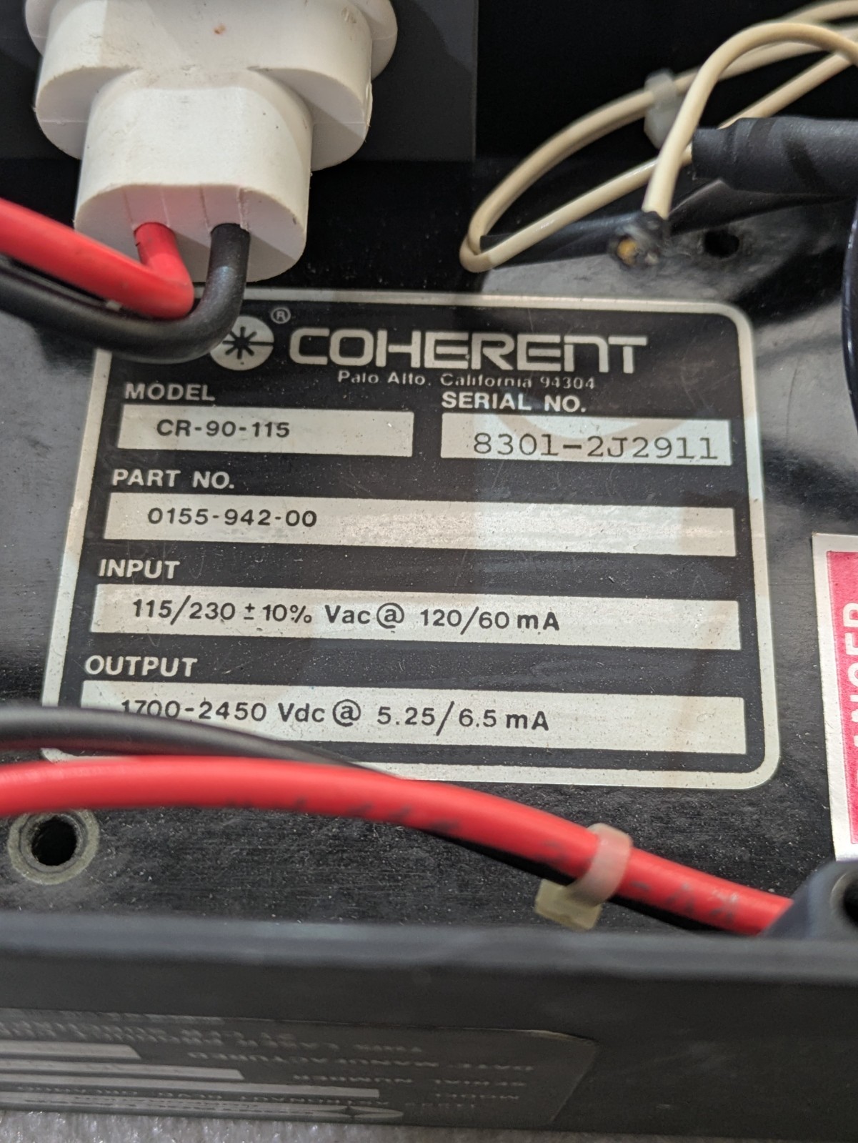Coherent CR-90-115 HeNe Laser Power Supply 115/230VAC 1700-2450VDC Industrial OE