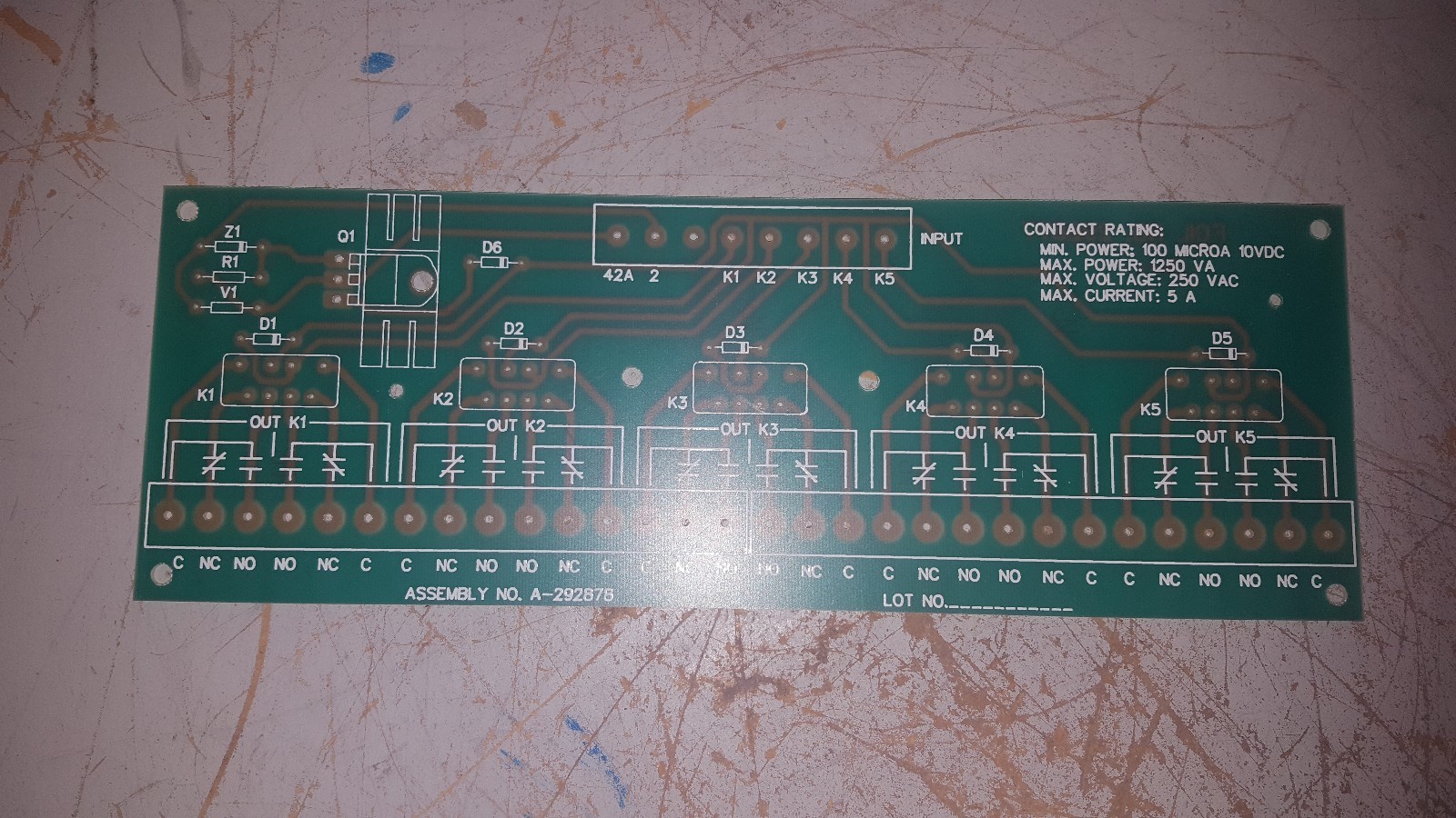 Printed Circuit Board PCB, 5A, 250VAC, 1250VA, A-292878