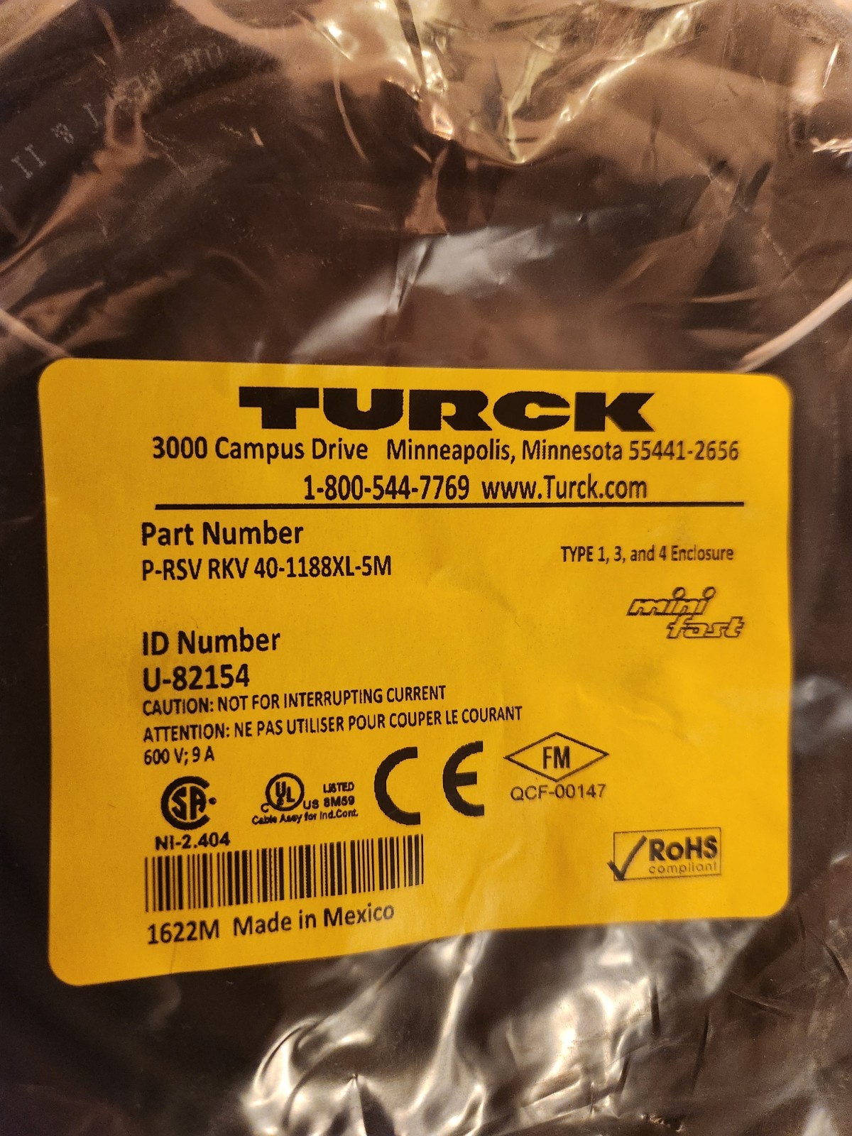 Turck Part Number P-RSV RKV 40-1188XL-5M ID # U-82154 Cordset New 4 Pin Ends