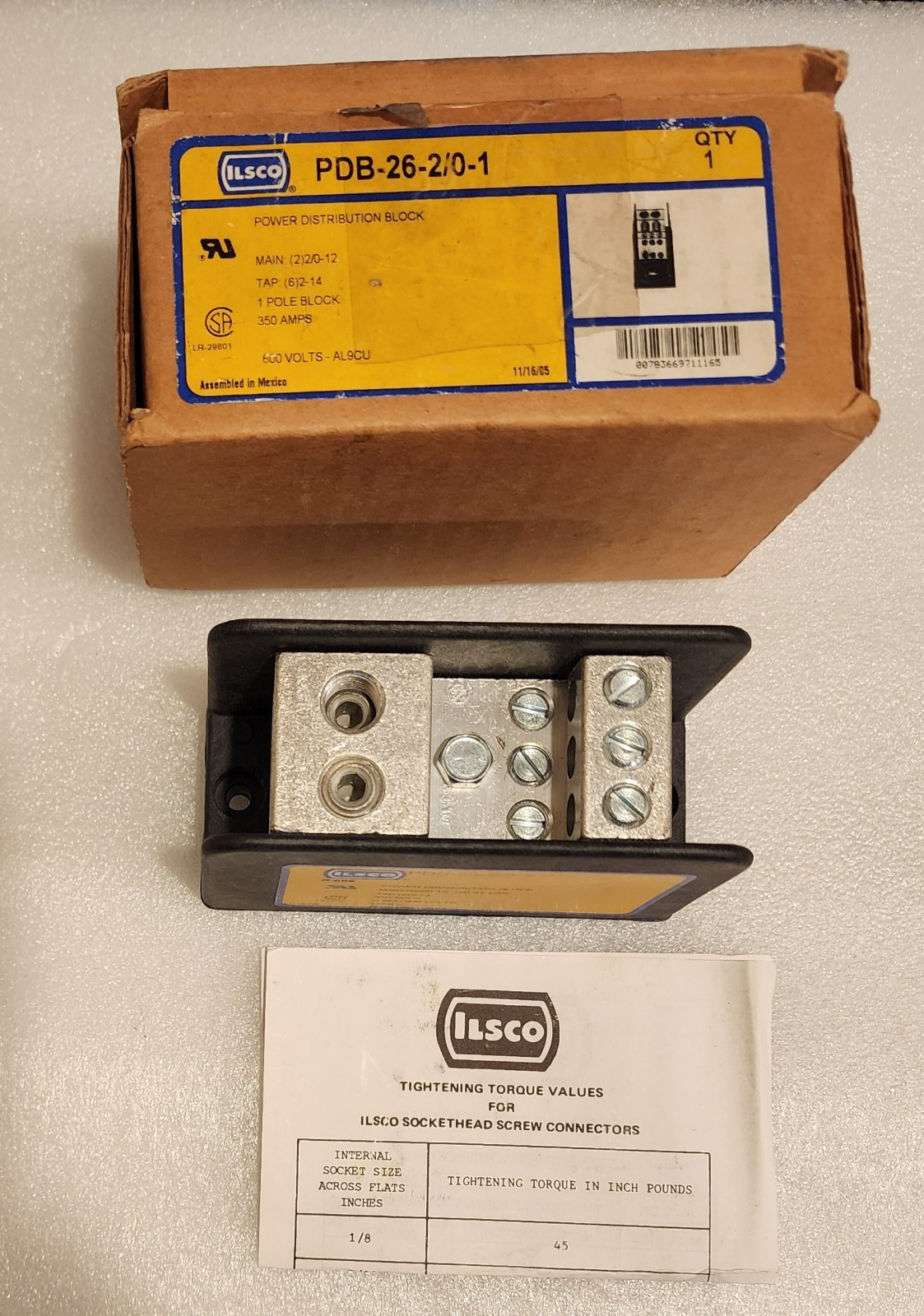 Ilsco PDB-26-2/0-1, 12 to 2/0, 14 to 2 AWG Secondary, Distribution Block, 1pc