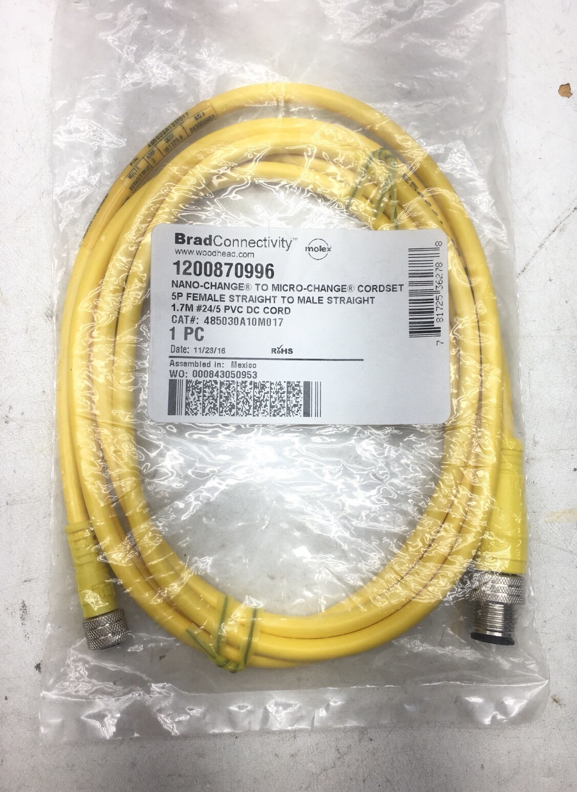 New Sealed Brad Connectivity WoodHead Nano-Change to Micro-Change Cordset Cable