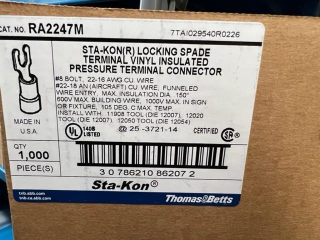 T&B ABB RA2247M RED VINYL 22-18awg #8LOCKING FORK 1000pce MYLAR TAPE REEL
