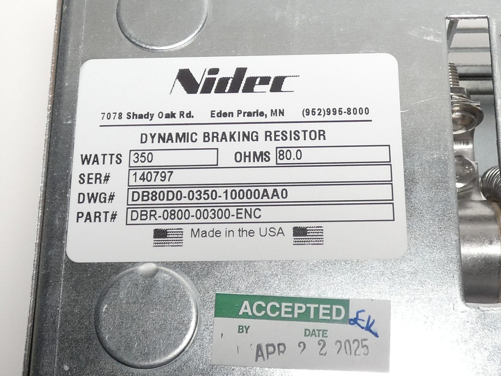 Nidec DBR-0800-00300-ENC Dynamic Braking Resistor 350W 80 OHMS – NEW Surplus!