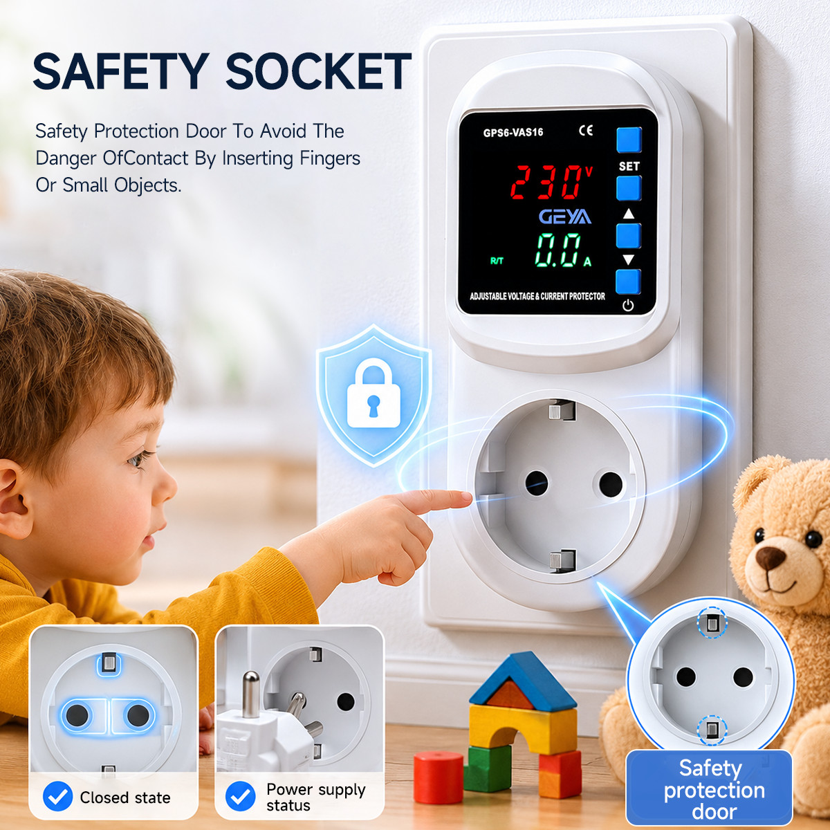 GEYA Over&Under Voltage Current Surge Protector Socket 16A AC220V EU Plug Socket