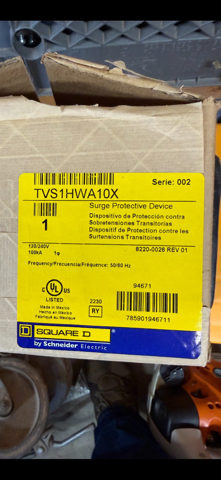 Square D TVS1HWA10X NEMA4 100kA 120/240V~ 1pH 3W Surge Protective Device